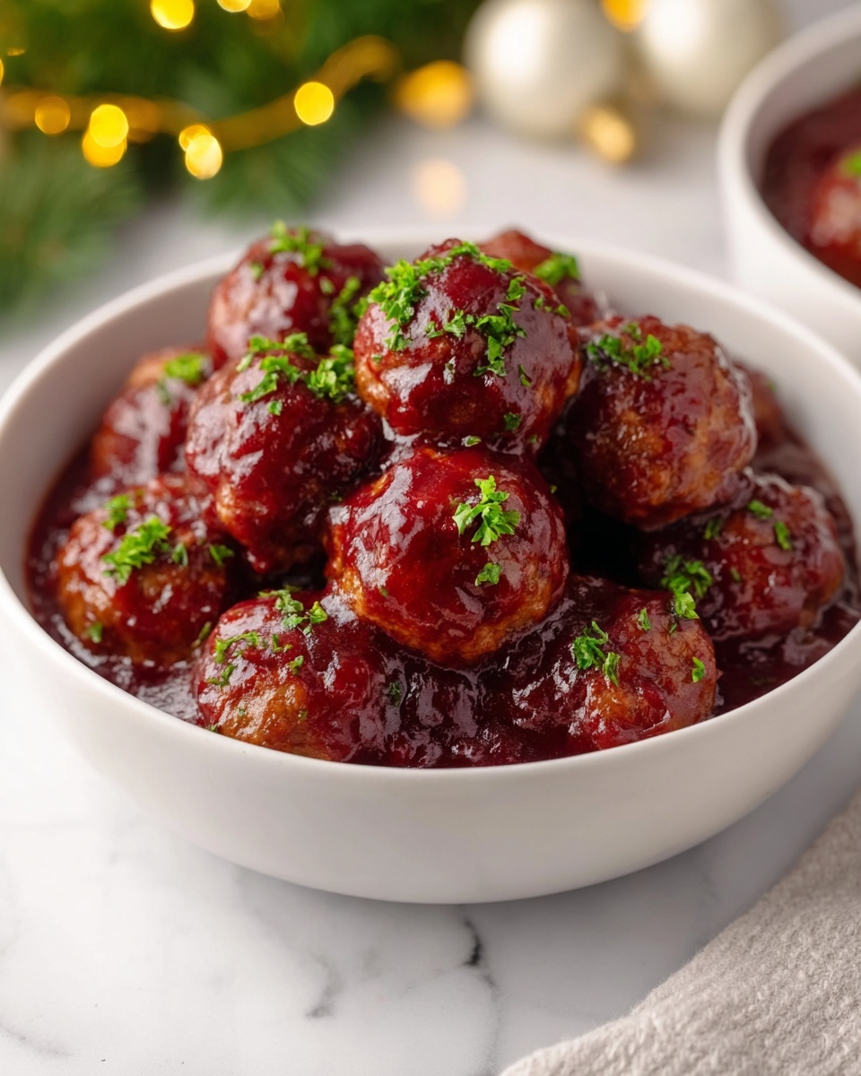 A white bowl filled with about twelve round meatballs, each covered with a thick, shiny dark red sauce. The sauce pools around the meatballs, creating a glossy base layer. Fresh green parsley pieces are sprinkled evenly on top, adding small pops of color and texture. The bowl sits on a beige woven mat, all placed on a white marbled surface. The scene is close up, showing the moist texture of the meatballs and the rich sauce photo taken with an iphone --ar 4:5 --v 7