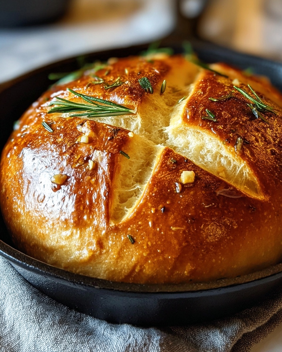 The image shows a close-up of a round loaf of bread with a shiny, golden brown crust. The bread has deep cuts on top forming a cross shape, revealing a fluffy, soft, pale inside. Small pieces of garlic and green rosemary sprigs are scattered on the surface of the loaf, adding texture and color. The bread sits inside a dark skillet, placed on a cloth. The background is blurred with a white marbled texture underneath. photo taken with an iphone --ar 4:5 --v 7