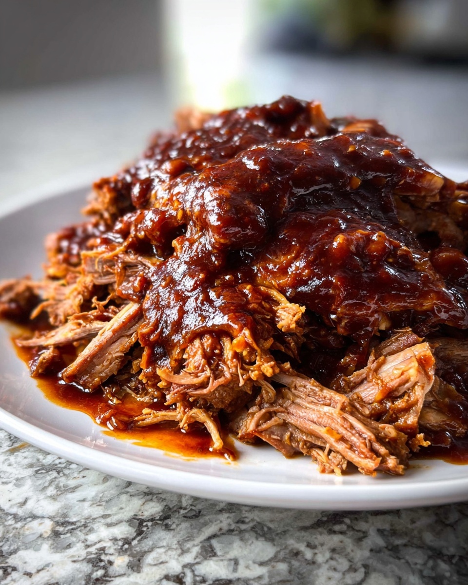 A large white plate holds a close-up view of shredded meat drenched in a thick, dark reddish-brown sauce that looks glossy and rich, showing strands and chunks of tender, fibrous texture. The meat is piled high and slightly falling apart, with the sauce pooling around the edges of the plate. In the softly focused background, a white bowl filled with a light yellow side dish and a white cup are visible, all placed on a white marbled surface with soft natural light coming in from the back. Photo taken with an iphone --ar 4:5 --v 7