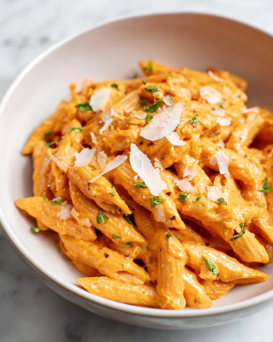 A round black pan with a light gray handle holds creamy orange-colored penne pasta mixed evenly in a smooth sauce. The sauce coating the pasta is thick and glossy, with some finely grated pale yellow cheese sprinkled on top. The pan is placed on a white marbled surface with a small block of cheese and a grater nearby. The pasta is arranged in one layer, filling the pan evenly, showing a rich and creamy texture. Photo taken with an iphone --ar 4:5 --v 7
