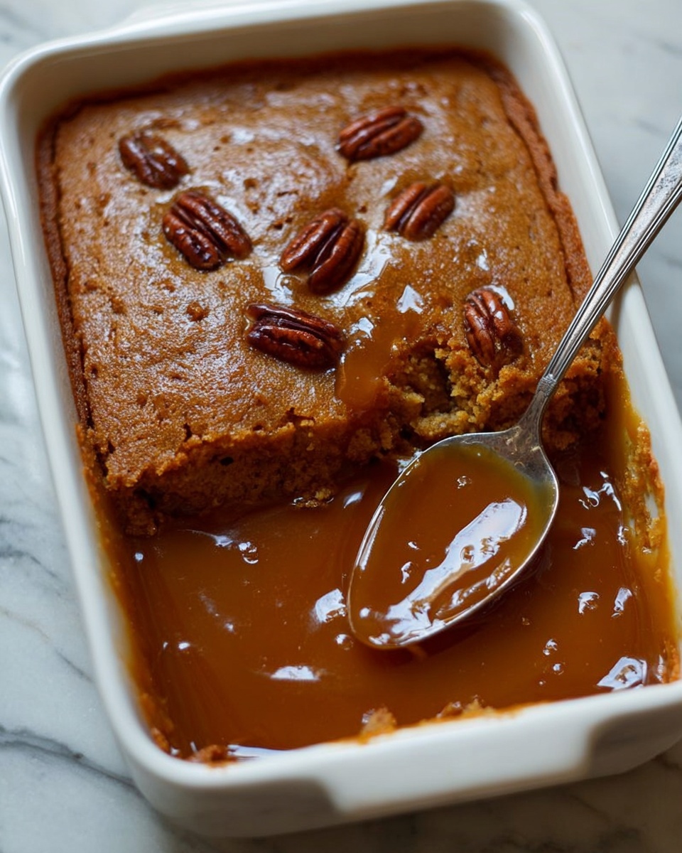 A close-up view of a dessert in a white round dish with scalloped edges, showing one thick, crumbly layer of golden-brown cake soaked in a glossy, thick caramel sauce that covers the cake unevenly, making it look moist and sticky. The background and surface are a white marbled texture, and a similar white dish with the same dessert is slightly visible blurred in the background. Photo taken with an iphone --ar 4:5 --v 7