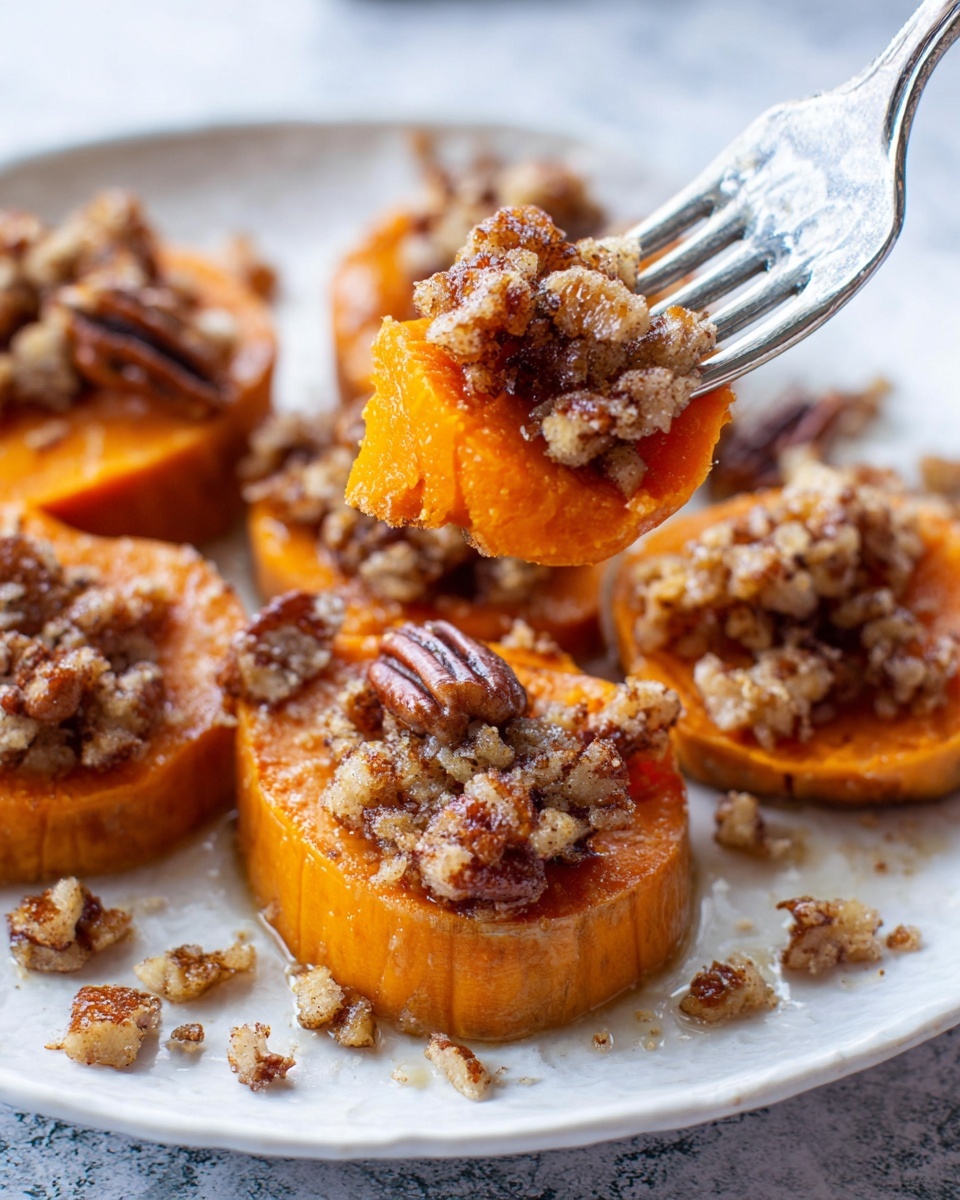 The image shows several thick orange sweet potato slices arranged close together in a white baking dish, each topped with a crumbly, light brown streusel made of nuts and sugar, giving a rough texture. The sweet potatoes have a smooth, soft look with a shiny glaze around their base, suggesting they are baked and juicy. The streusel topping contrasts with its chunky, uneven nut pieces and crumbled sugar bits sitting on top of each slice. The dish is set against a white marbled surface. photo taken with an iphone --ar 4:5 --v 7
