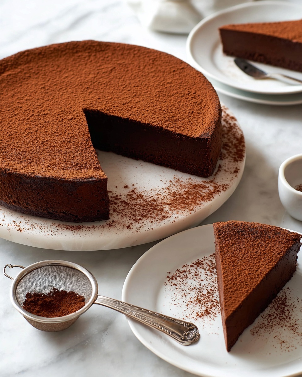 A dark brown chocolate cake with a smooth and dense texture, dusted evenly with fine cocoa powder on top. The cake has one slice taken out, showing a single thick layer with a rich, moist look inside. The main cake sits on a white marble stand with some cocoa powder scattered around the edge. Nearby, there are two white plates on a white marbled surface; one has a single triangular slice of the chocolate cake dusted with cocoa powder, and the other holds another slice. A silver spoon with an ornate handle lies next to the slice on the plate, and in the background, a small white bowl with a metal sifter holding cocoa powder is visible. Photo taken with an iphone --ar 4:5 --v 7