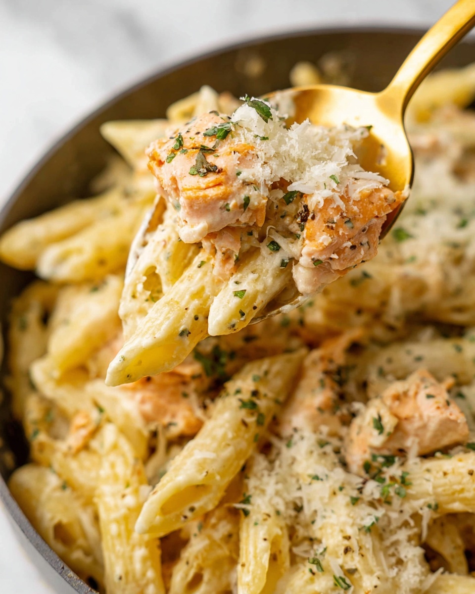 A close-up image shows creamy pasta with two main layers: the bottom layer has light yellow penne pasta mixed with chunks of light golden salmon, and the top layer is a sprinkle of finely grated white cheese with small green herb pieces scattered on top. A golden spoon in the center lifts a portion of the pasta and salmon, showing details like the creamy sauce coating the penne and the finely grated cheese resting on top, and a white marbled surface is visible in the background. photo taken with an iphone --ar 4:5 --v 7