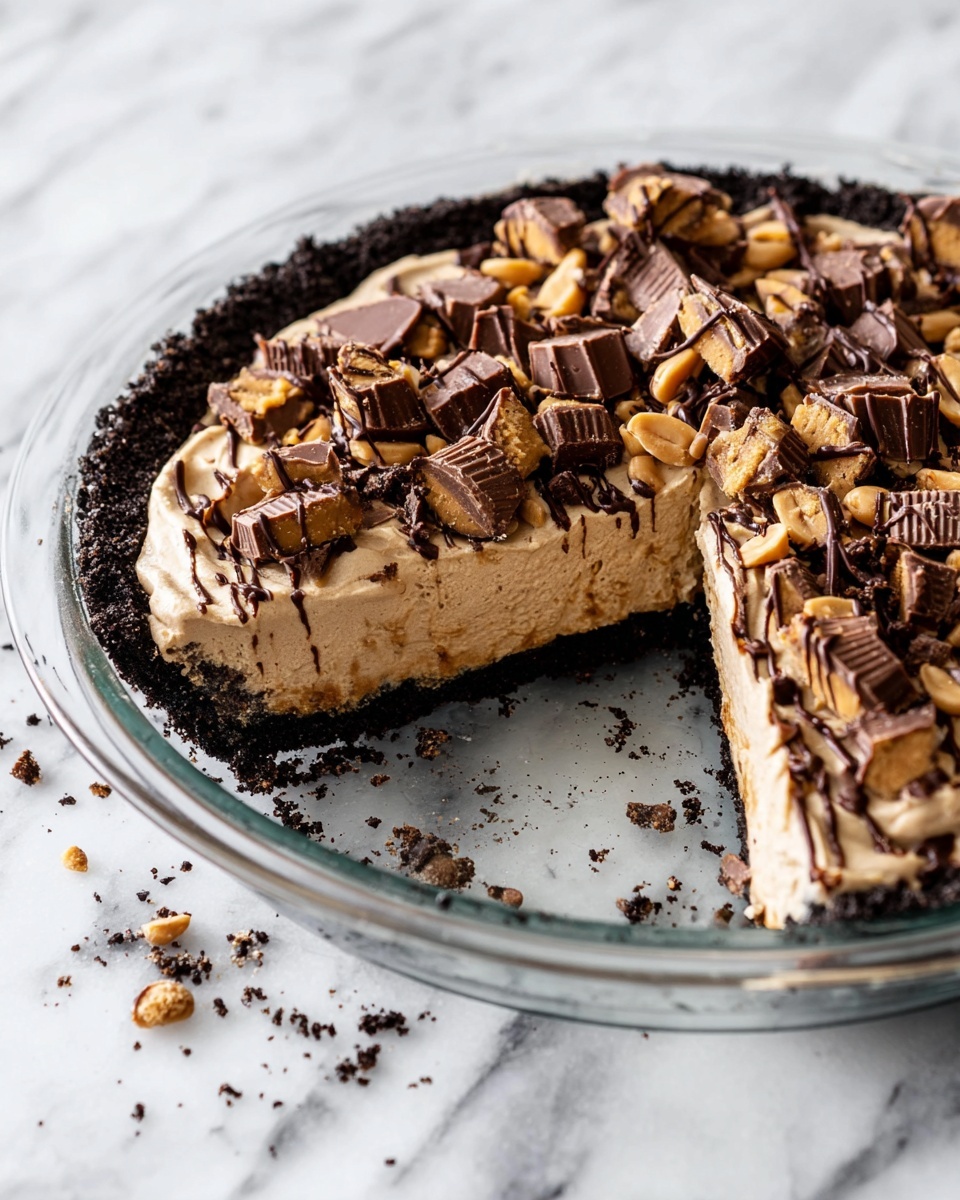 A slice of creamy peanut butter cheesecake with three distinct layers: a thick dark chocolate crumb base, a smooth tan peanut butter cheesecake middle, and a topping of chopped mini peanut butter cups in rich brown with visible peanut butter centers along with scattered light brown peanut butter chips. The slice is placed on a white plate resting on a blue and white striped cloth over a white marbled surface. Next to the cheesecake slice is a fork with some cheesecake crumbs on its tines. Some chocolate crumbs and peanut butter chips are also scattered around the slice on the plate. photo taken with an iphone --ar 4:5 --v 7