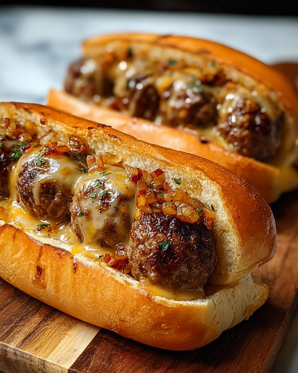 Two sandwiches on a wooden surface with a white marbled texture in the background, each made with a soft, shiny golden-brown bun base and top, split open to hold the fillings. Inside each bun are five brown, round meatballs lined side by side, topped with melted yellow cheese that drips slightly between the meatballs. Small bits of orange-red cooked onions and herbs are scattered over the cheese, adding texture and color contrast. The sandwiches look juicy, with a light glaze reflecting on the meatballs and toppings, giving a fresh and appetizing look. photo taken with an iphone --ar 4:5 --v 7