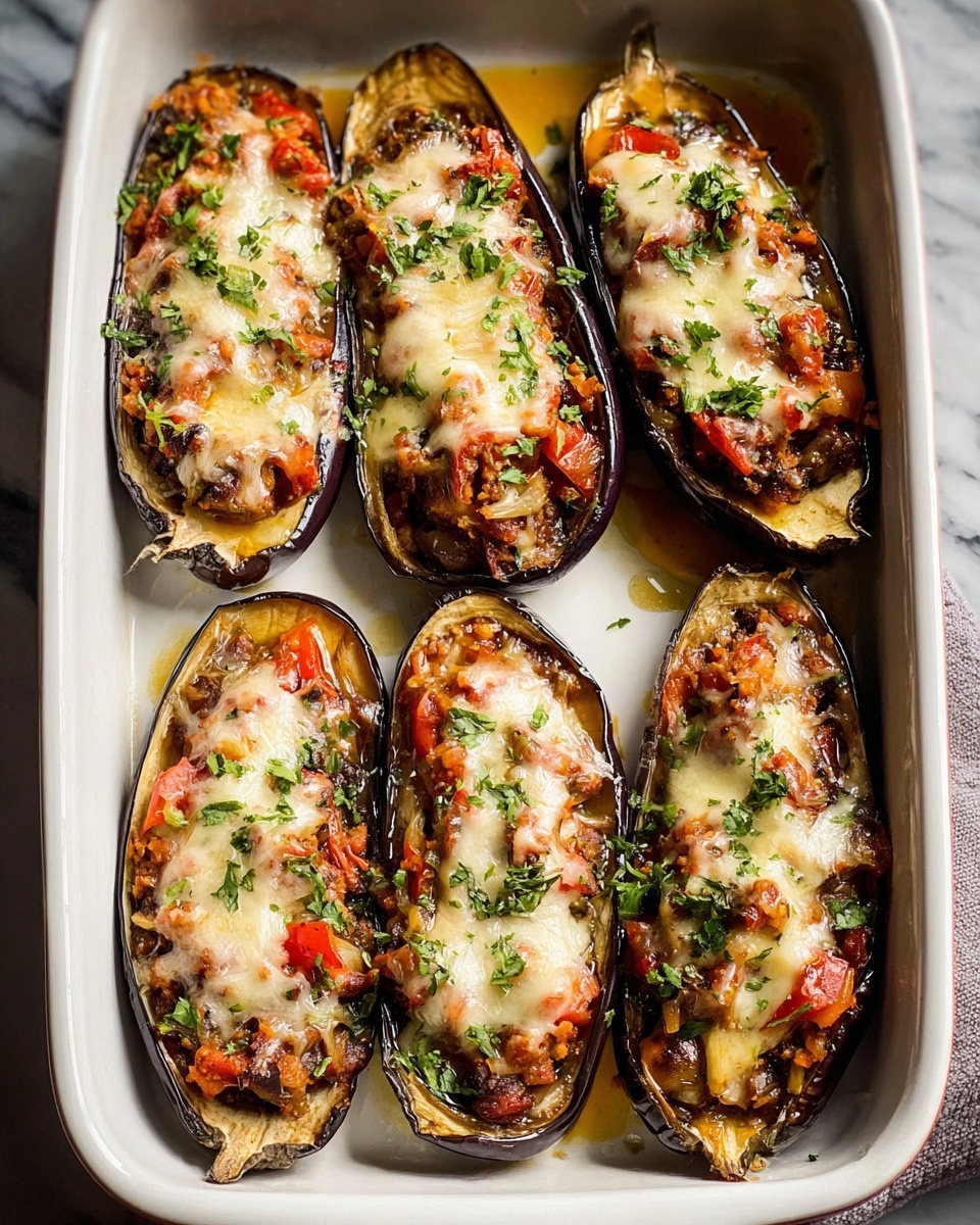 Stuffed Mediterranean Eggplant Recipe 5 The image shows five halves of eggplant in a white baking dish, each filled with layers of cooked vegetables and topped with melted cheese. The eggplant skins are dark purple with a slightly shiny texture, and the inside layer is a light golden brown. The filling has a mix of red, orange, and brown colors from diced vegetables and sauce, with small green herbs sprinkled on top. The cheese is light yellow, melted unevenly over the vegetables, adding a creamy texture. The dish sits on a white marbled surface. Photo taken with an iphone --ar 4:5 --v 7