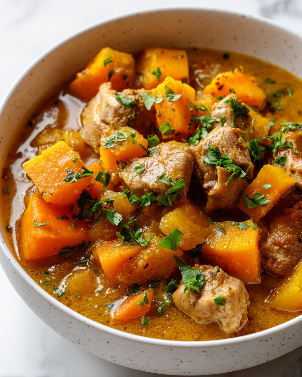 Fall Chicken and Pumpkin Stew Recipe 5 A bowl filled with a thick stew showing chunks of orange and yellow vegetables, likely squash and carrots, mixed with pieces of light brown cooked meat. The stew is slightly shiny and thick, coated in a golden-brown liquid. Scattered green herb leaves are sprinkled on top, adding a fresh touch. The bowl is white with a subtle speckled pattern, sitting on a white marbled surface, creating a clean and bright setting. photo taken with an iphone --ar 4:5 --v 7