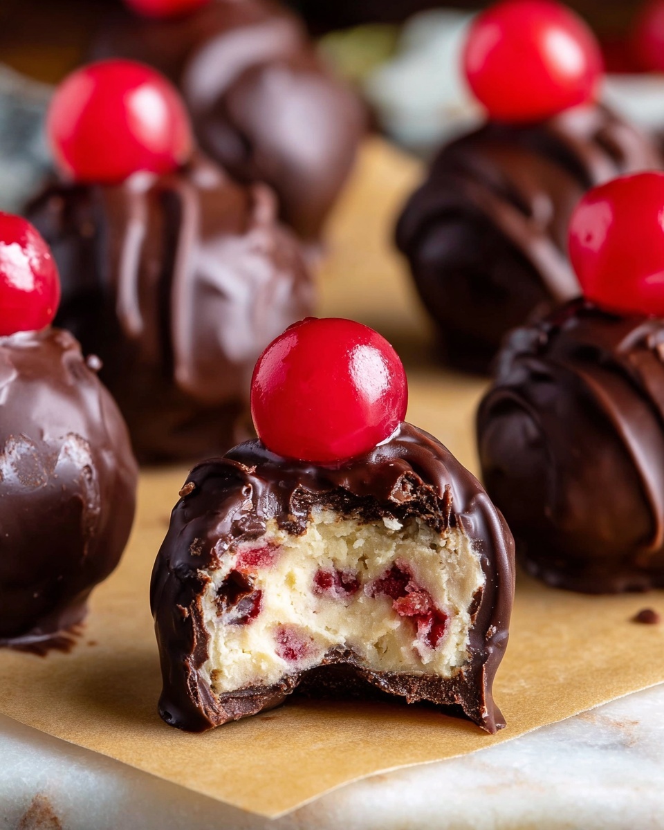 Cherry Bourbon Balls Recipe 6 The image shows nine round chocolate-covered truffles on a piece of parchment paper over a wooden board with a white marbled surface in the background. Each truffle is mostly dark brown with a smooth yet slightly uneven chocolate coating and topped with a bright red cherry or cherry half. One truffle in front has a bite taken out, revealing a creamy, white center with bits of red and light brown inside. In the background, a small white bowl filled with bright red cherries is visible, along with a blurry yellow bottle. The whole scene is brightly lit, emphasizing the shiny texture of the cherries and the smooth chocolate. Photo taken with an iphone --ar 4:5 --v 7