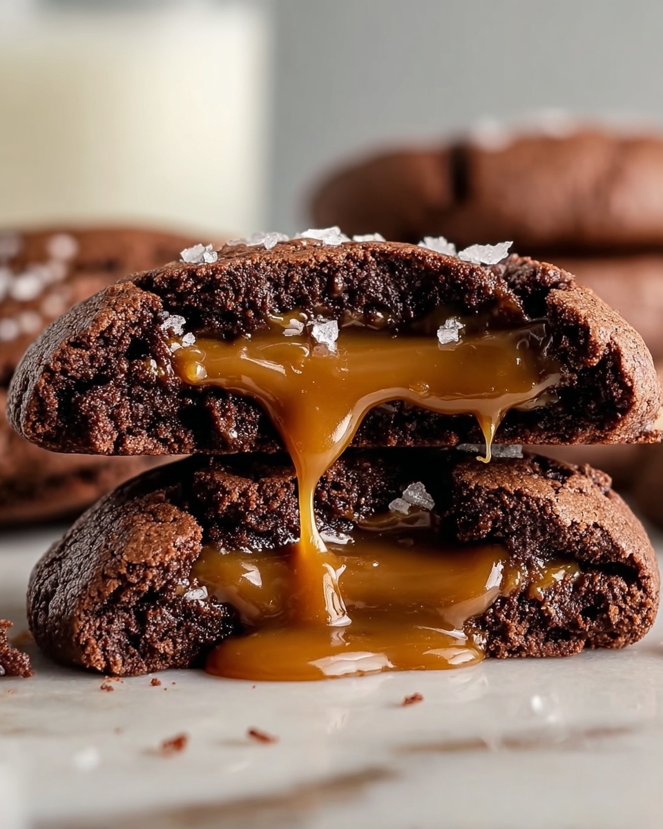Salted Caramel Chocolate Cookies Recipe 5 A close-up view of two thick chocolate cookies stacked on top of each other, with the top cookie broken open to reveal a smooth, shiny caramel layer that stretches and drips softly from the inside. The cookies have a rich, dark brown color with a soft, slightly crumbly texture. Small grains of salt are sprinkled on top of the caramel, adding contrast. The background and surface show a white marbled texture, giving a clean and bright look. A blurred glass of milk can be seen in the background, adding to the cozy, sweet feeling. Photo taken with an iphone --ar 4:5 --v 7