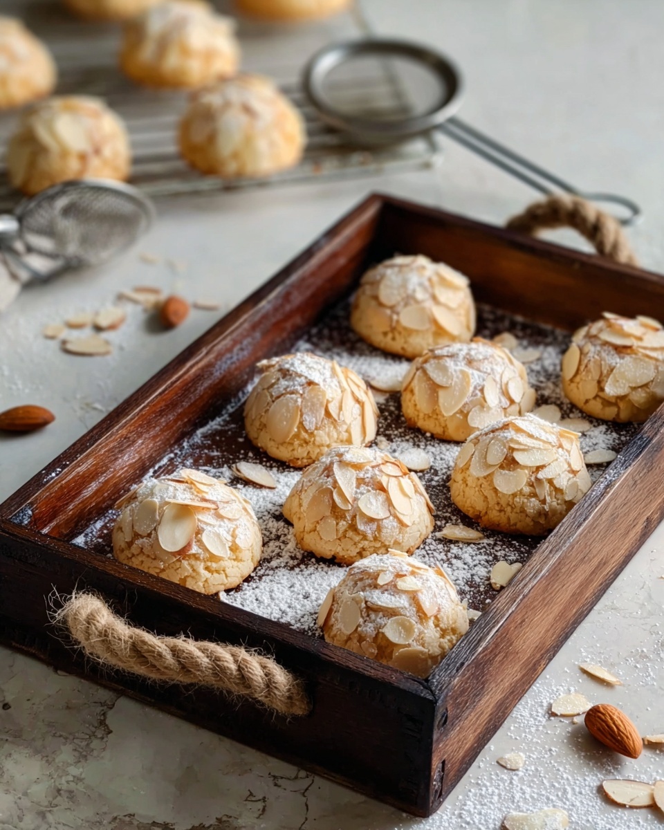 Marzipan Cookies with Sliced Almond Coating Recipe 6 The image shows eight round almond cookies arranged in two rows on a white rectangular plate. Each cookie is covered with thin, toasted almond slices, giving a rough texture on the outside. The cookies are golden brown with a light dusting of powdered sugar scattered on top and around the plate. The plate rests on a white marbled surface with some almond slices and powdered sugar spread loosely nearby. In the background, there is a white bowl with more powdered sugar, and an old-fashioned metal hand mixer is slightly out of focus. photo taken with an iphone --ar 4:5 --v 7