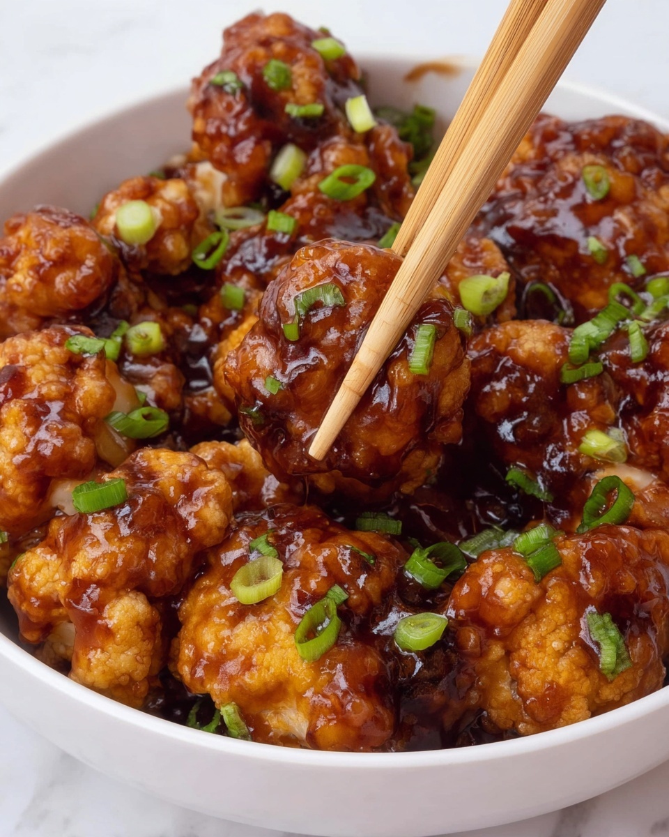 Copycat Panda Express Orange Chicken Recipe 5 A white bowl holds several golden-brown, crispy pieces of fried cauliflower coated in a thick, shiny dark brown sauce, creating a rich glossy texture. The cauliflower pieces are sprinkled with chopped green onions, adding fresh pops of light and dark green on top. A pair of wooden chopsticks are holding one piece in the center, showing the crunchy texture and sauce coating up close. The bowl sits on a white marbled surface. photo taken with an iphone --ar 4:5 --v 7