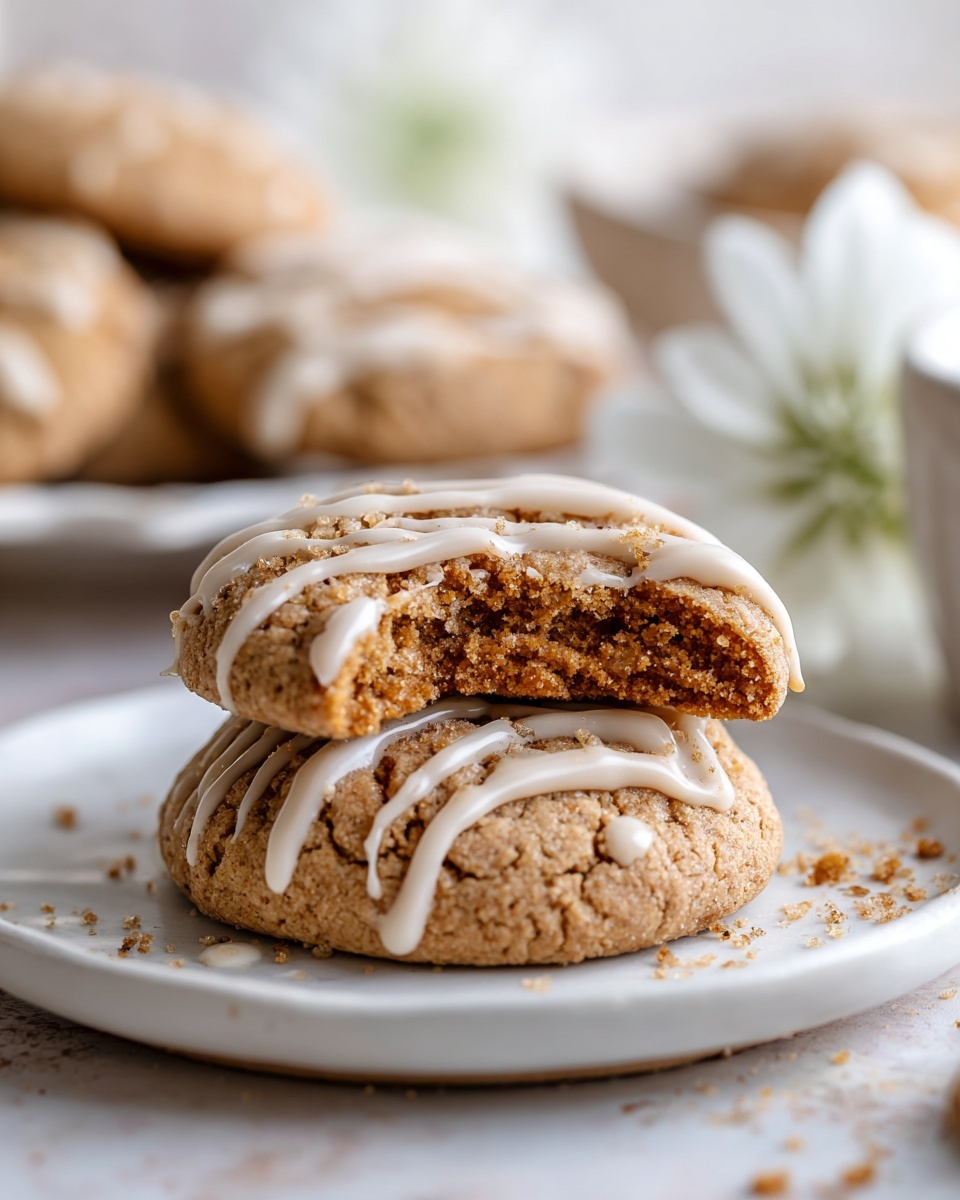 Coffee Cake Cookies Recipe 5 Five cookies with crumbly brown topping and white icing drizzle sit close together on a golden wire rack over brown paper on a white marbled surface. Nearby are two white bowls, one filled with light brown crumb topping and the other with a small pile of cinnamon powder. White flowers with green stems lie around the cookies, adding a soft touch to the scene. The cookies have light brown, slightly cracked edges with a textured crumb topping concentrated mostly in the center and white icing lines gently crossing over. Photo taken with an iphone --ar 4:5 --v 7