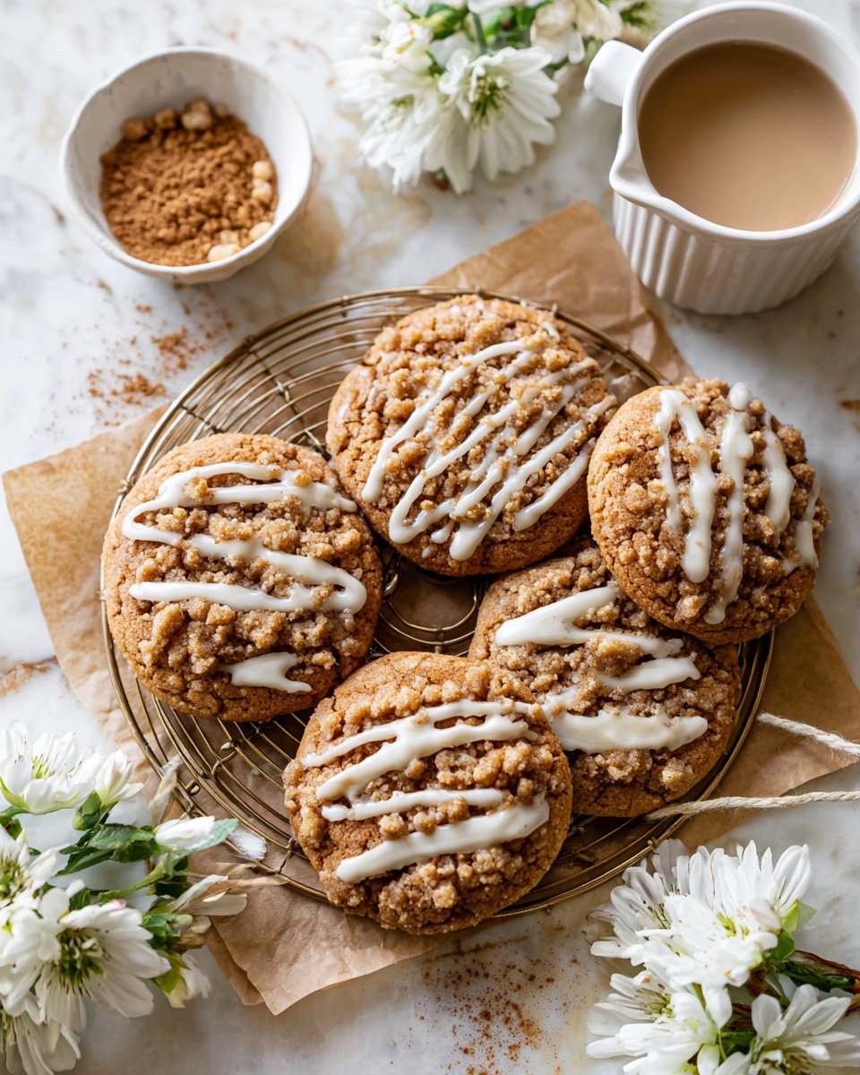 Coffee Cake Cookies Recipe 6 The image shows two soft, brown cookies stacked on a white plate with a white marbled surface underneath. The top cookie has a bite taken out, revealing a crumbly, darker brown filling inside. Both cookies have light beige crumb topping scattered over them, and white icing drizzled in loose lines across the top. In the background, more cookies are blurred, and there is a white flower and a white round dish softly out of focus. The texture of the cookies looks soft and slightly crumbly with a rough surface. Photo taken with an iphone --ar 4:5 --v 7