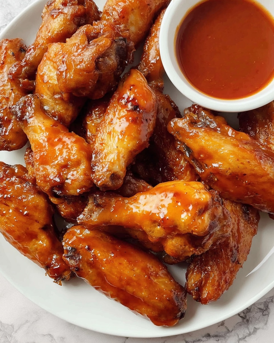 The image shows a white plate full of glazed chicken wings, each coated in a shiny, smooth orange-brown sauce that gives them a moist and flavorful look. The wings are arranged closely together, with their textured skin slightly wrinkled and glazed evenly, showing a mix of darker and lighter orange shades. On the right side of the plate is a small white bowl filled with more reddish-orange sauce, which looks thick and glossy. The background surface is a white marbled texture, adding brightness to the warm tones of the wings. photo taken with an iphone --ar 4:5 --v 7