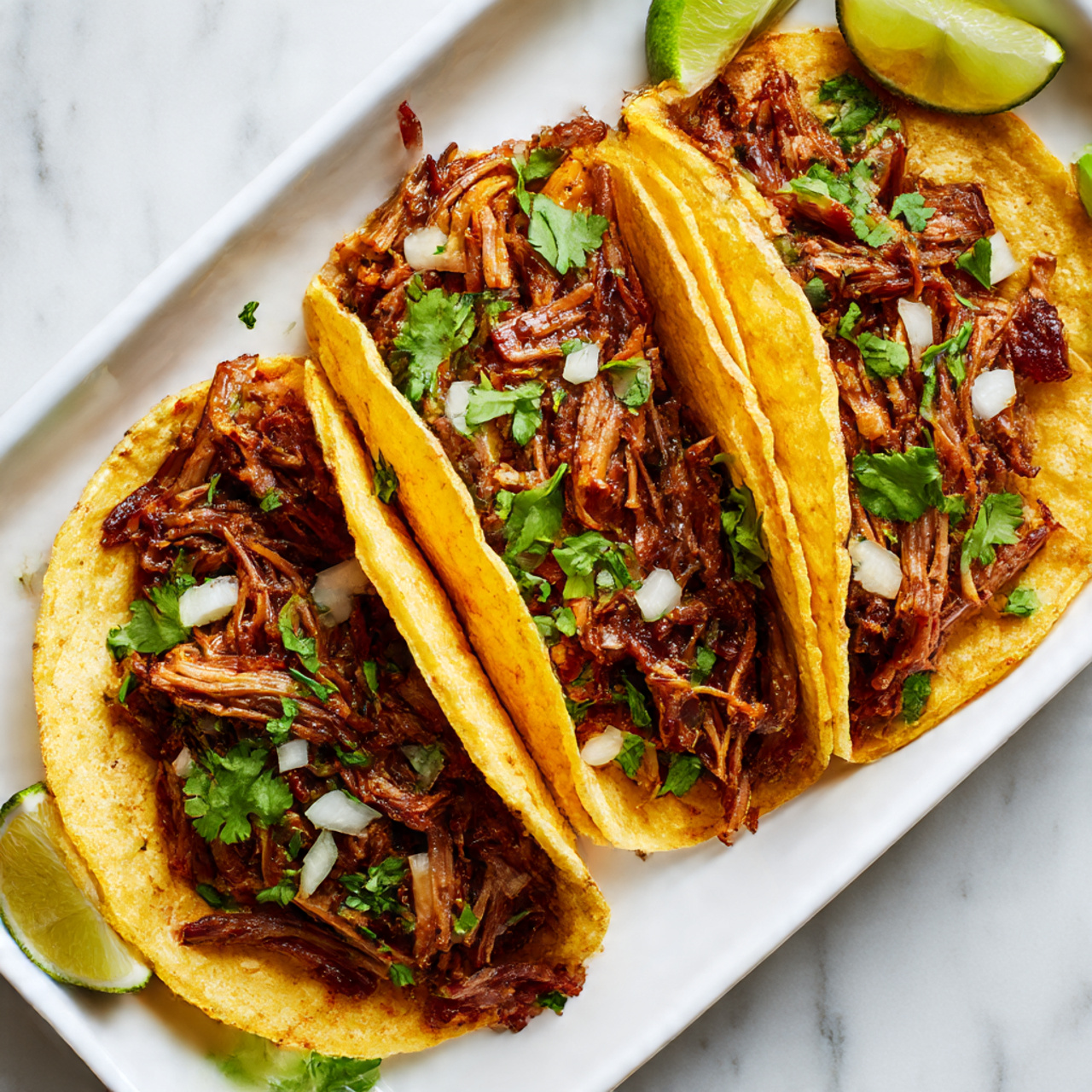 Easy Crockpot Carnitas Recipe 6 Three soft yellow corn tortillas are arranged inside a white tray on a white marbled surface. Each tortilla is filled with shredded, crispy browned meat layers that have a slightly crunchy texture and golden edges. Scattered over the meat are small white onion pieces and fresh green cilantro leaves, adding color contrast. There are fresh lime wedges placed near the tray, hinting at a citrus garnish. The photo is taken close up, showing the detailed texture of the meat and tortillas with warm, natural lighting photo taken with an iphone --ar 4:5 --v 7