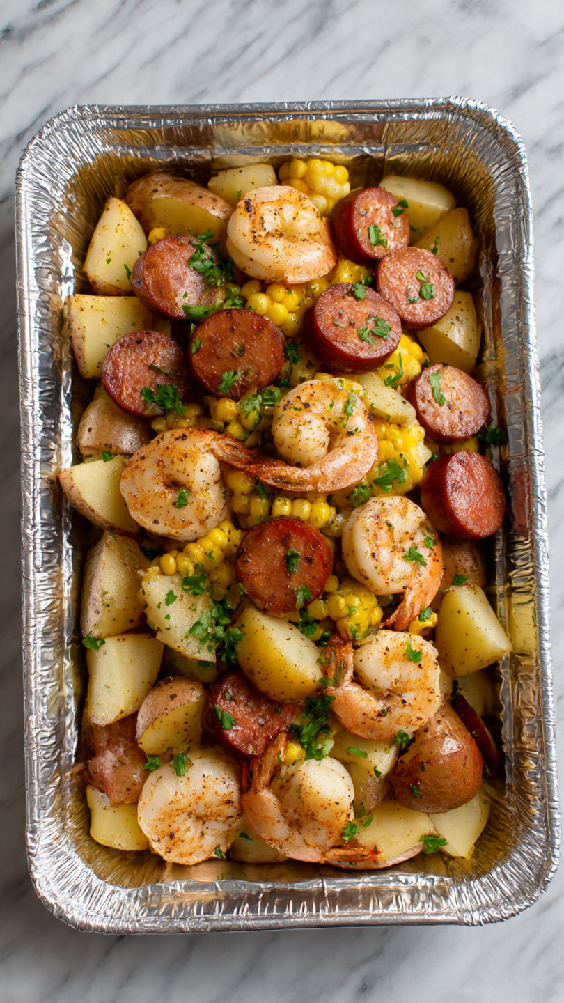 A foil-lined tray holds a colorful mix of food, starting with a base of browned potato pieces with light yellow interiors and a slightly crispy outer texture spread evenly. On top, there are slices of reddish-brown sausage with a shiny, cooked surface placed evenly around the tray. Bright yellow corn chunks are scattered throughout, showing their juicy kernels. Several shrimp with a curved shape and pinkish-white color, dotted with black pepper and some char marks, sit on different spots on top of the other ingredients. Fresh green parsley is sprinkled across the mix, adding small bright green leaves for color contrast. The whole scene is set on a white marbled surface. Photo taken with an iphone --ar 4:5 --v 7