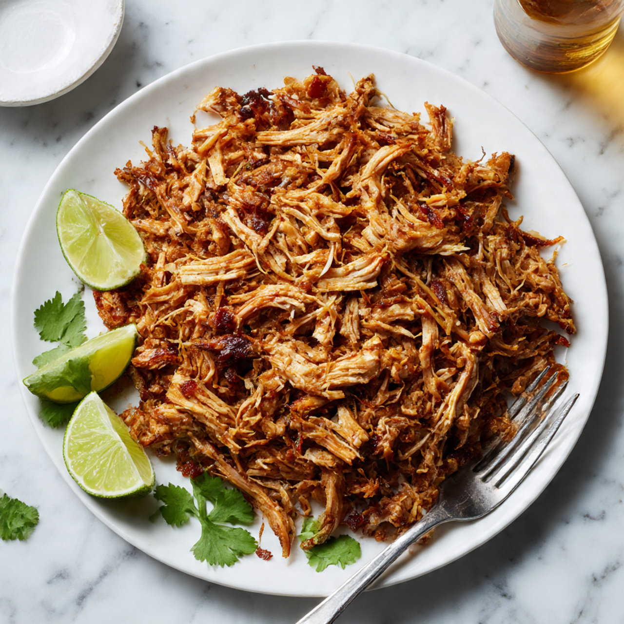 Easy Crockpot Carnitas Recipe 5 A white plate filled with a large pile of shredded, crispy cooked meat that is golden brown with darker toasted edges, giving it a crunchy texture. On the left side of the plate, there are two bright green lime wedges and a few fresh green cilantro leaves scattered around the meat. A shiny silver fork rests at the bottom edge of the plate. The plate sits on a white marbled surface with a blurry bottle and a small white dish in the background. photo taken with an iphone --ar 4:5 --v 7