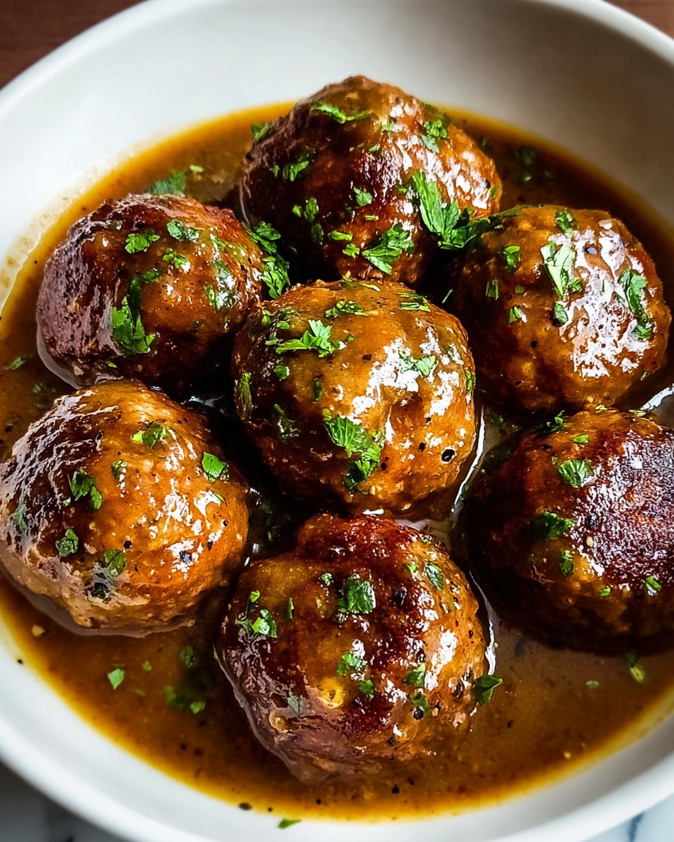 Hearty Stuffed Meatballs in Guinness Gravy for Cozy Nights Recipe 5 A white bowl holds seven round meatballs arranged closely together, each with a browned, slightly crispy outer layer, covered in a shiny, thick brown sauce. The sauce pools at the bottom of the bowl, has a smooth texture, and is speckled with small bits of black pepper. Bright green chopped herbs are sprinkled over the meatballs and sauce, adding a fresh contrast to the rich browns. The background is a white marbled texture. photo taken with an iphone --ar 4:5 --v 7