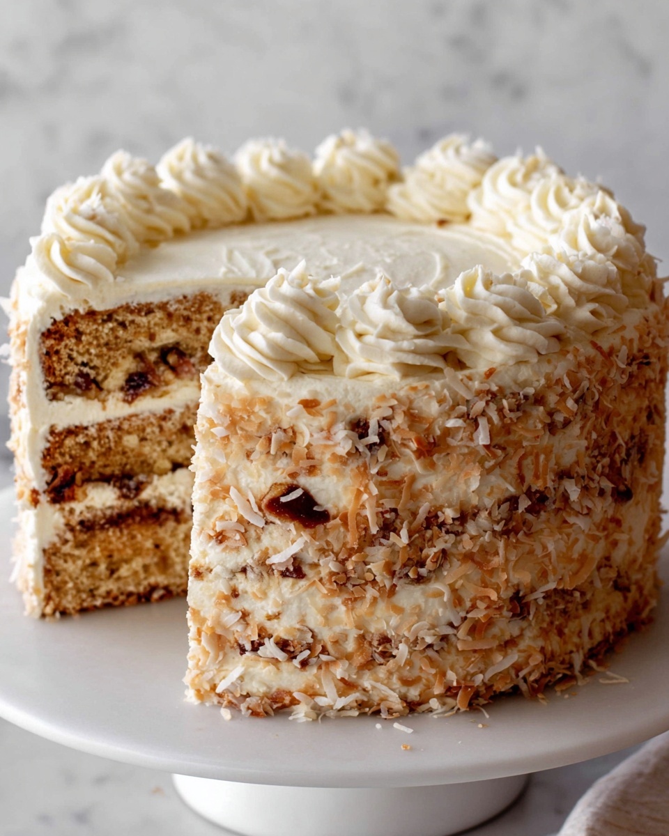 Italian Cream Cheese Cake Recipe 5 The image shows a tall three-layer cake with light brown crumb texture filled with pieces inside, likely nuts or fruits. Each layer is separated by a smooth thick white cream filling that covers the entire cake. The top is decorated with piped swirls of white cream evenly spaced around the edge. The sides of the cake are coated with shredded coconut or nuts pressed into the white cream frosting. The cake is on a white plate resting on a white marbled surface. Photo taken with an iphone --ar 4:5 --v 7