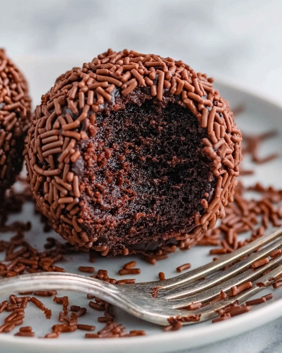 A close-up of a round chocolate dessert ball covered in smooth chocolate sprinkles, showing one with a bite taken out of it that reveals a dense, moist, and dark chocolate inside. The dessert ball sits on a white plate with some chocolate sprinkles scattered around it, and a silver fork is placed partially under the bitten chocolate ball. The background is a white marbled texture. photo taken with an iphone --ar 4:5 --v 7