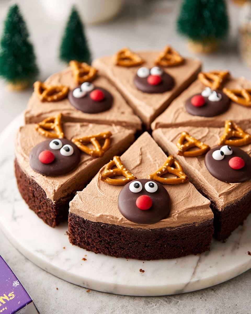 Chocolate Orange Reindeer Cake Recipe 6 A thick slice of chocolate cake with two layers is shown on a white plate placed on a white marbled surface. The bottom layer is a dark brown moist chocolate sponge with a crumbly texture. On top of the sponge is a smooth, thick layer of milk chocolate frosting that covers the entire slice. The top frosting is decorated with a round chocolate piece at the center, a red candy on top of it, two small white dollops with black dots resembling eyes behind the chocolate piece, and bits of golden caramel or nuts near the back. A gold fork with crumbs on its prongs lies beside the cake on the plate. Photo taken with an iphone --ar 4:5 --v 7