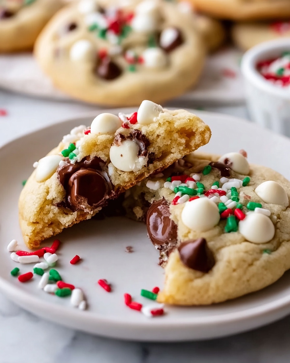 Winter Wonderland Chocolate Chip Cookies Recipe 5 A close-up view of a soft cookie on a white plate showing the cookie broken in half, revealing melted dark chocolate chips inside. The cookie has a light golden color with a soft texture and is topped with white and dark chocolate chips and colorful red, green, and white sprinkles scattered around on the plate. In the background, there are other cookies that are whole, all on a white marbled surface. A woman's hand is slightly visible near the plate. Photo taken with an iphone --ar 4:5 --v 7