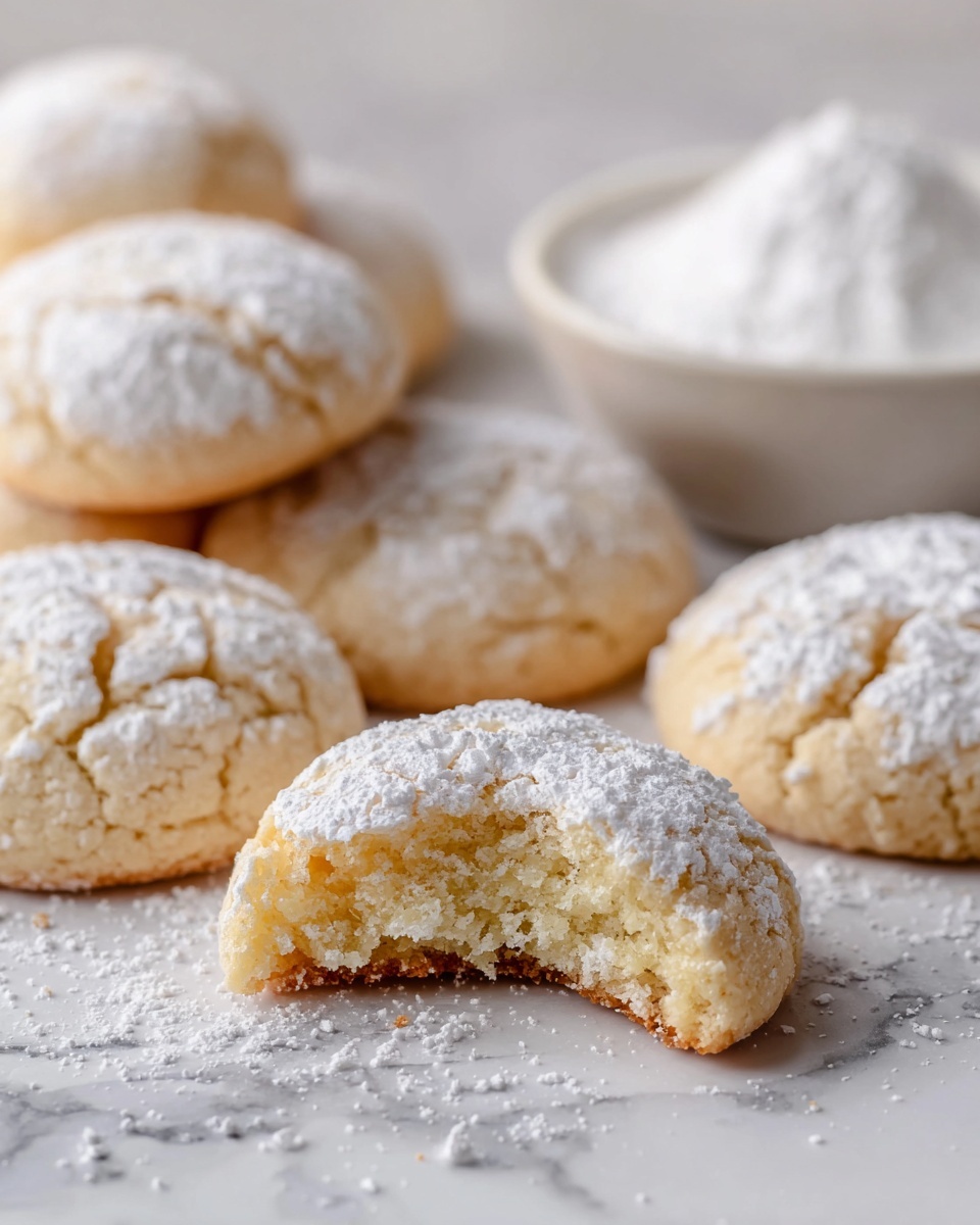 The image shows round, soft cookies arranged on a white marbled surface, with one cookie in the front broken in half to reveal a light, fluffy inside texture. Each cookie is topped with a dusting of white powdered sugar, creating a delicate, snowy layer on a pale golden-brown baked surface that has small cracks. In the background, there is a small white bowl filled with powdered sugar, slightly blurred to keep focus on the cookies. The light is soft, highlighting the texture and powder on top. Photo taken with an iphone --ar 4:5 --v 7