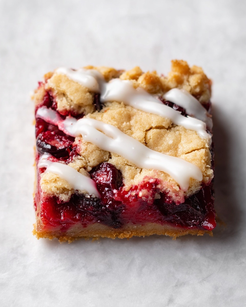 The close-up image shows a baked dessert with a golden-brown, crumbly crust broken into uneven pieces on top. Between the crust pieces, bright red cherry filling with whole and halved cherries peeks through, creating a vibrant contrast. A white glaze is drizzled in thin, smooth lines across the surface, adding a shiny texture. The layers include the crumbly crust top, glossy red cherry filling beneath it, and small visible syrupy juice pooling around the fruit. The photo taken with an iphone --ar 4:5 --v 7