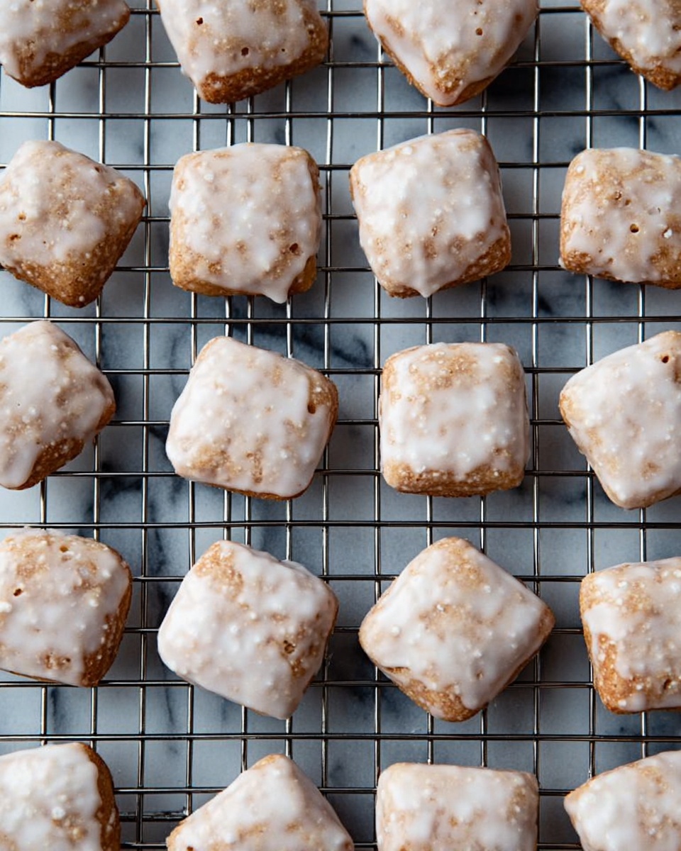 Best Christmas Cookie Recipe 5 The image shows many small, round cookies with a light glaze on top, arranged in neat rows on a silver cooling rack. Each cookie has a slightly bumpy surface with a soft white glaze that has a shiny, smooth texture covering the whole top and sides. The cookies are a soft brown color underneath the glaze, and they are spaced evenly apart on the metal grid. The background is a white marbled texture, adding a clean and bright look to the scene. Photo taken with an iphone --ar 4:5 --v 7