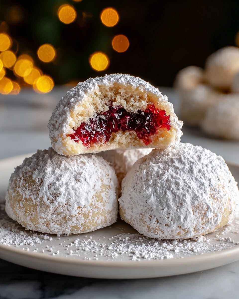 The image shows a white plate with three round cookies, each covered in a thick layer of white powdered sugar. Two cookies sit side by side on the plate, while the third is placed on top and slightly back, broken open to reveal a deep red, jam-like filling inside a soft, crumbly cookie dough. The cookies have a light golden tan base under the powdered sugar. The background has a blurred, dark setting with a soft yellow light, and the plate rests on a white marbled surface. Photo taken with an iphone --ar 4:5 --v 7