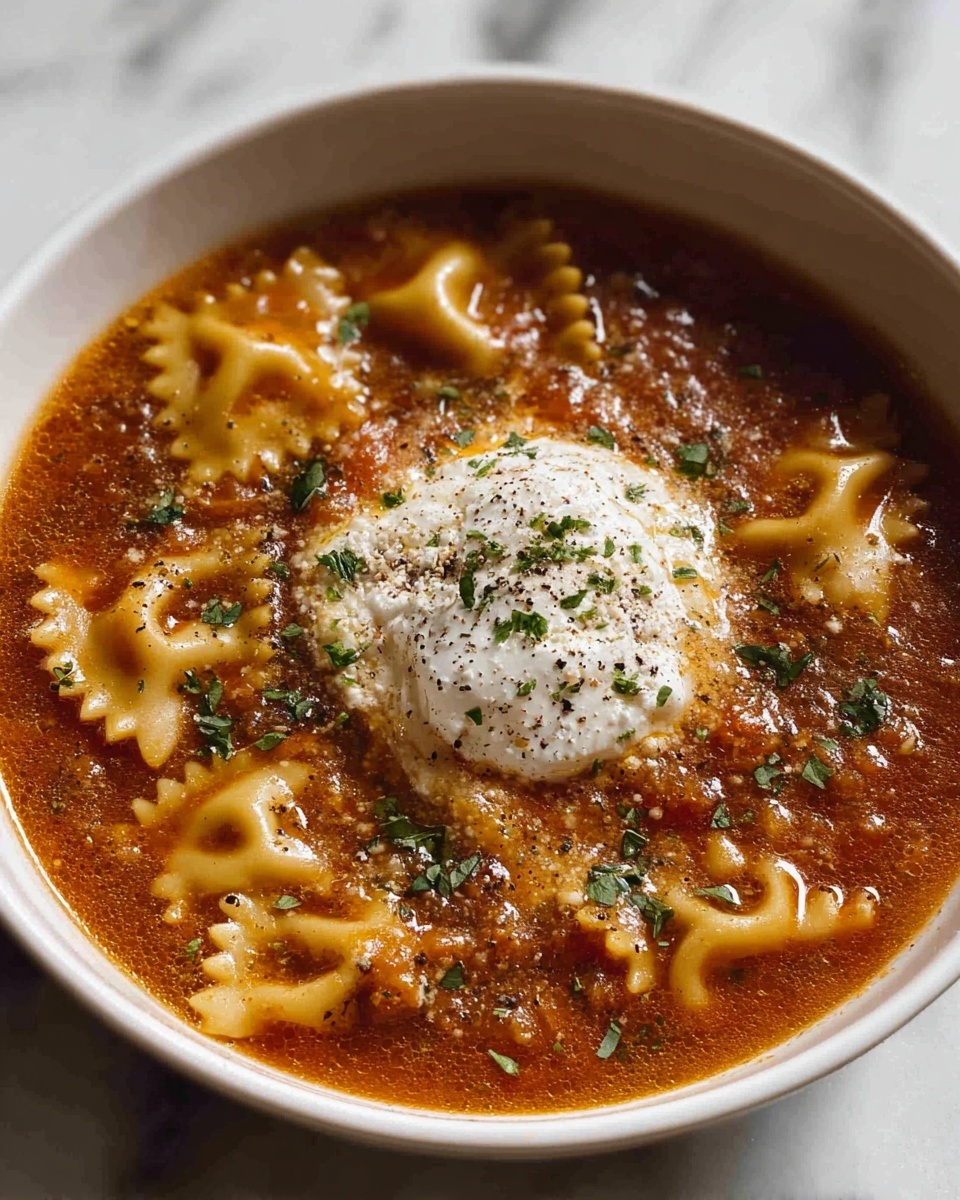 Mouthwatering One Pot Lasagna Soup Recipe 5 This image shows a close-up of a white bowl filled with a rich, thick brownish-red soup with visible pieces of ruffled-edged pasta floating evenly throughout. In the middle, there is a dollop of white creamy cheese topped with small green herb flakes and a sprinkle of black pepper. Small green herb pieces are scattered across the surface of the soup, adding texture and color contrast. The bowl sits on a white marbled surface, and the lighting highlights the glossy texture of the soup and the softness of the cheese. photo taken with an iphone --ar 4:5 --v 7