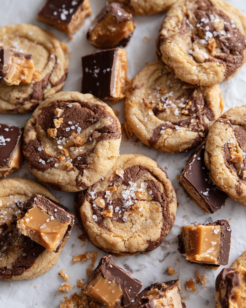 Christmas Crack Cookies Recipe 5 A close-up of many round cookies with a light brown base, swirled with darker brown chocolate patterns, arranged on white parchment paper over a white marbled surface. Each cookie is topped with small flakes of white salt crystals, adding texture. Around the cookies, there are irregular pieces of chocolate-covered toffee, showing a mixture of smooth dark chocolate on top and a crumbly light caramel inside. The overall look is warm and inviting with a mix of soft cookie texture and crispy candy pieces photo taken with an iphone --ar 4:5 --v 7