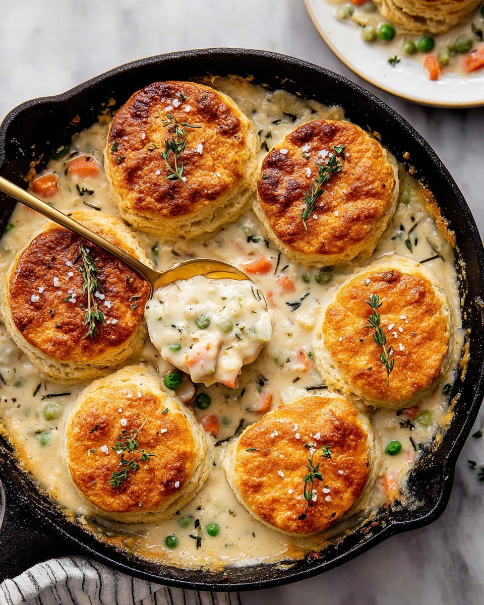 Biscuit Chicken Pot Pie Recipe 5 A black cast iron skillet holds a creamy chicken and vegetable stew base, light beige with visible small pieces of orange carrot and green peas, topped with eight large golden-brown biscuits arranged in a circular pattern; each biscuit is thick with a slightly crispy, shiny top sprinkled with coarse salt and small green herb leaves. The skillet sits on a white marbled surface with a striped kitchen towel underneath one edge, a small white ramekin filled with coarse white salt to the side, and a stack of three white plates in the upper right corner. photo taken with an iphone --ar 4:5 --v 7