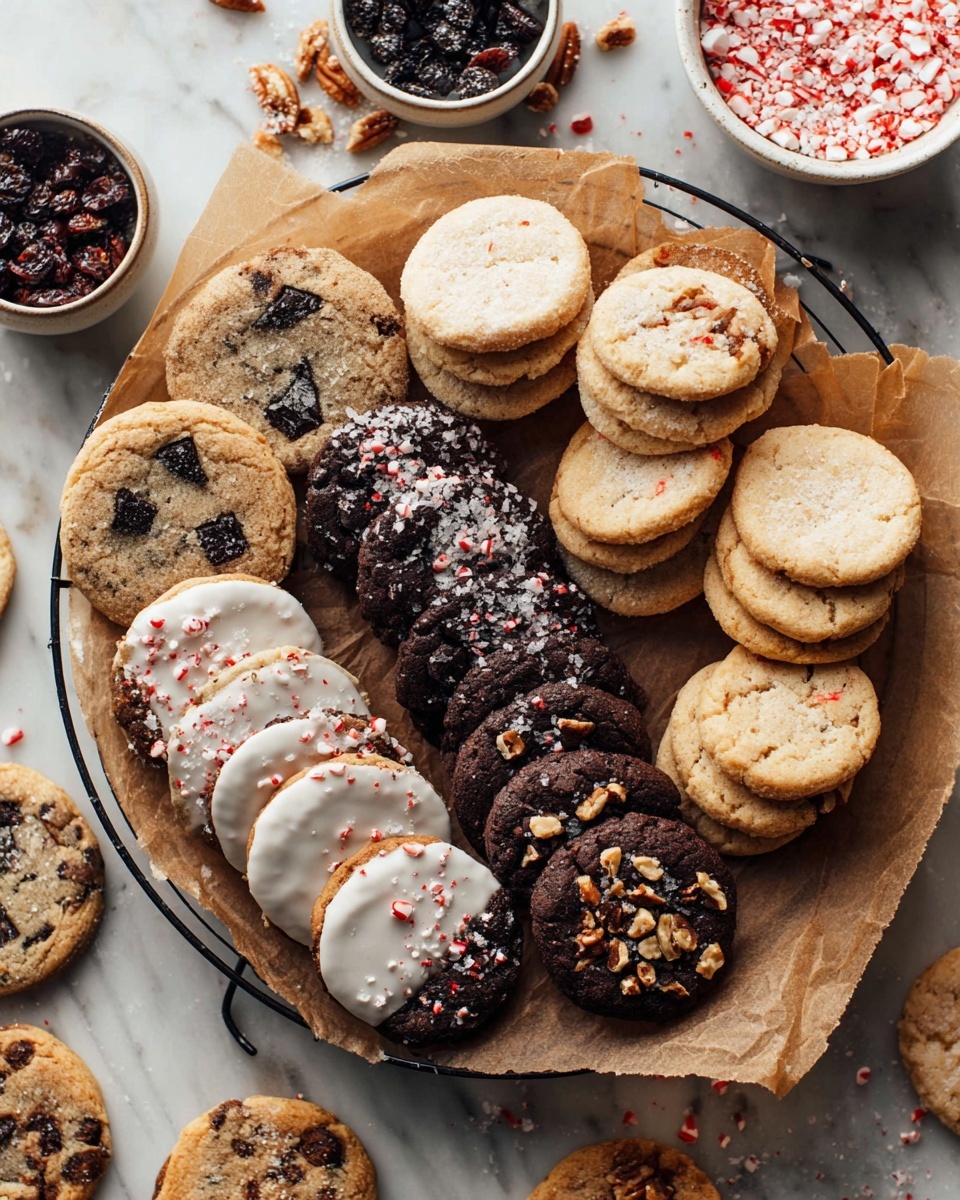 A round wire rack holds an assortment of cookies arranged in neat rows over brown parchment paper. On the left, there are light brown cookies with dark chocolate chunks and raisins, looking slightly soft with a rough texture. Next, a row of dark brown chocolate cookies half-dipped in white icing and sprinkled with crushed red and white peppermint pieces adds a festive touch. To the right of those, smooth round sugar-coated light golden cookies with a slightly crackled top rest in a stack. On the far right, a stack of dark chocolate cookies with chopped nuts is visible, showing a rich and dense look. Around the main rack, there are additional cookies scattered, along with small white bowls holding dark dried fruits, crushed nuts, and more peppermint pieces, all set on a white marbled surface. photo taken with an iphone --ar 4:5 --v 7