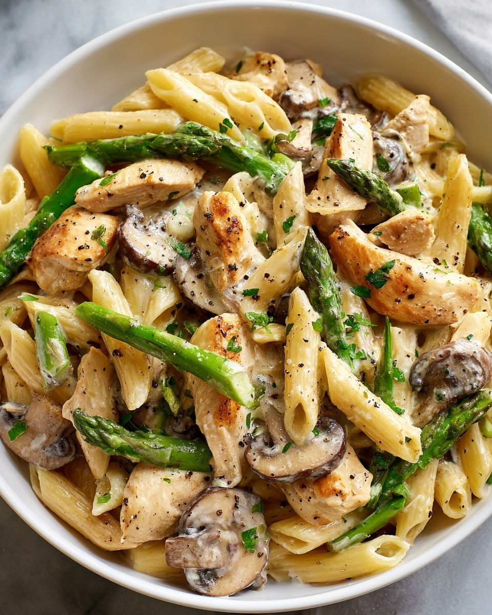 Creamy Mushroom and Asparagus Chicken Penne Recipe - Recipe Image