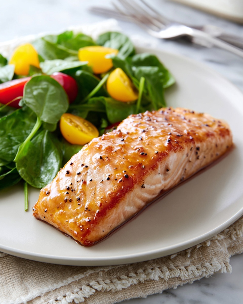 The image shows a white plate with two main layers of food. The front layer is a piece of cooked salmon with a shiny, orange-brown glaze and small black pepper specks on top. The salmon has a slightly crisp edge and soft, light pink inside. Behind the salmon is a fresh salad made of green leafy spinach and yellow cherry tomatoes, with some red pieces mixed in. The plate sits on a light beige cloth with simple stitches, all placed on a white marbled surface. Nearby, the edge of a fork and a knife are visible on the cloth. photo taken with an iphone --ar 4:5 --v 7