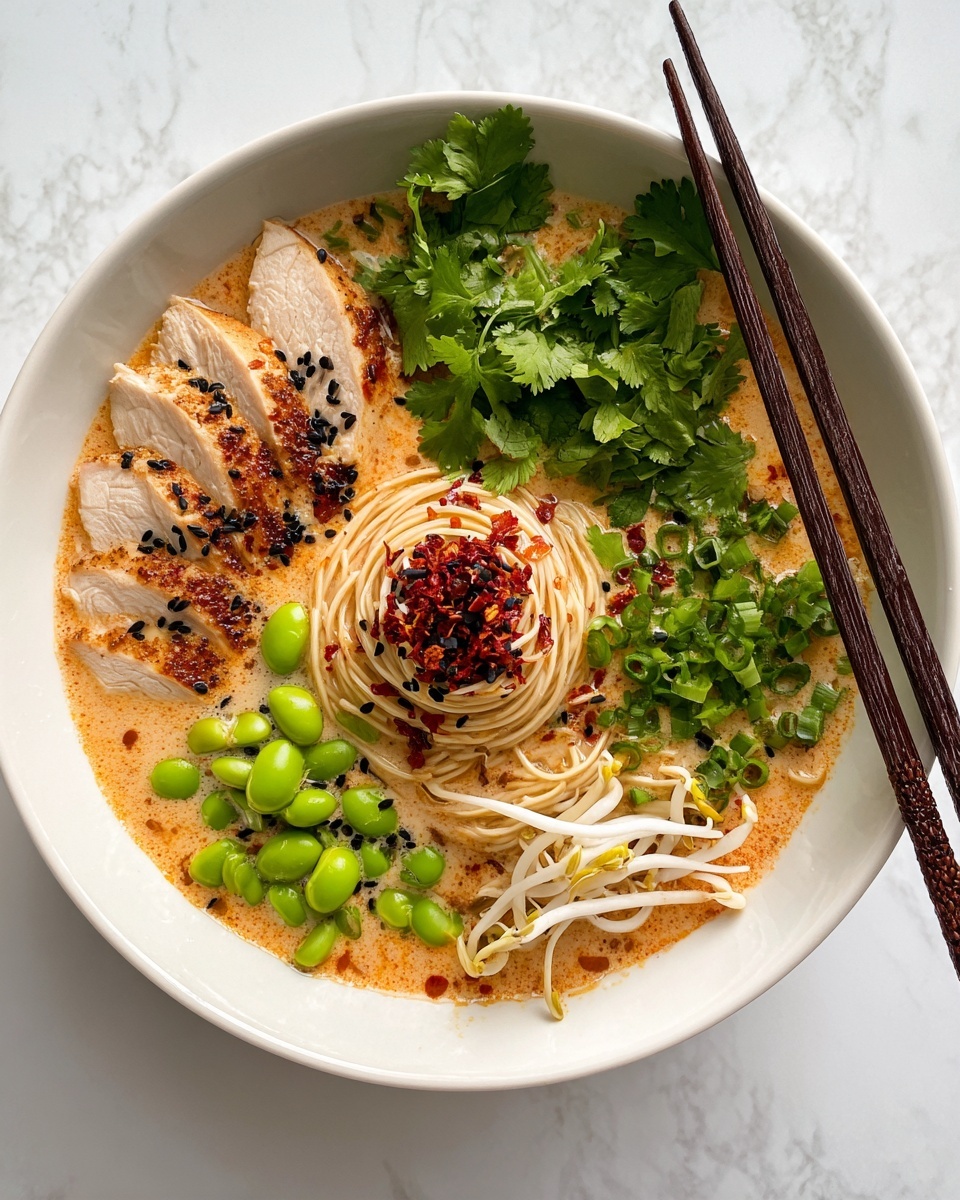 A bowl of ramen with five main layers visible: thin noodles in the center, yellow-beige and coated with a light orange broth; to the left, sliced white chicken with a light brown cooked edge, sprinkled with black sesame seeds and chili flakes; fresh green scallions layered below the chicken; bright green edamame beans piled near the bottom right; fresh cilantro leaves and white bean sprouts grouped on the right side, all resting in a creamy orange broth with chili flakes and sesame seeds scattered on top, the bowl is white and sits on a white marbled surface, with a pair of dark brown chopsticks resting on the edge photo taken with an iphone --ar 4:5 --v 7