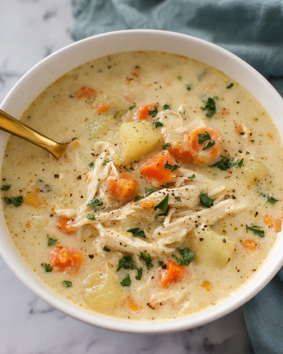 A white bowl filled with thick chicken soup that has a creamy light beige broth with visible chunks of shredded chicken, small orange carrot pieces, and small white potato pieces. The soup is sprinkled with black pepper and small bits of green parsley. A gold spoon is partially dipped into the soup, resting on the side of the bowl. The bowl sits on a white marbled surface with a soft blue cloth in the background. photo taken with an iphone --ar 4:5 --v 7