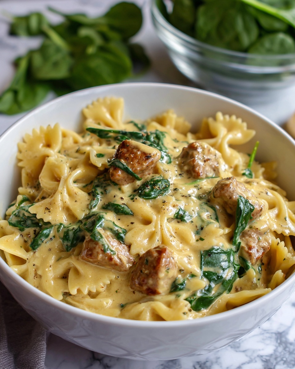 A white bowl filled with layers of creamy yellow sauce mixed with light brown chunks of cooked chicken and light green spinach leaves, combined with pale yellow bowtie pasta that has a smooth texture and ruffled edges, all sitting on a white marbled surface with a green leafy bowl blurred in the background photo taken with an iphone --ar 4:5 --v 7