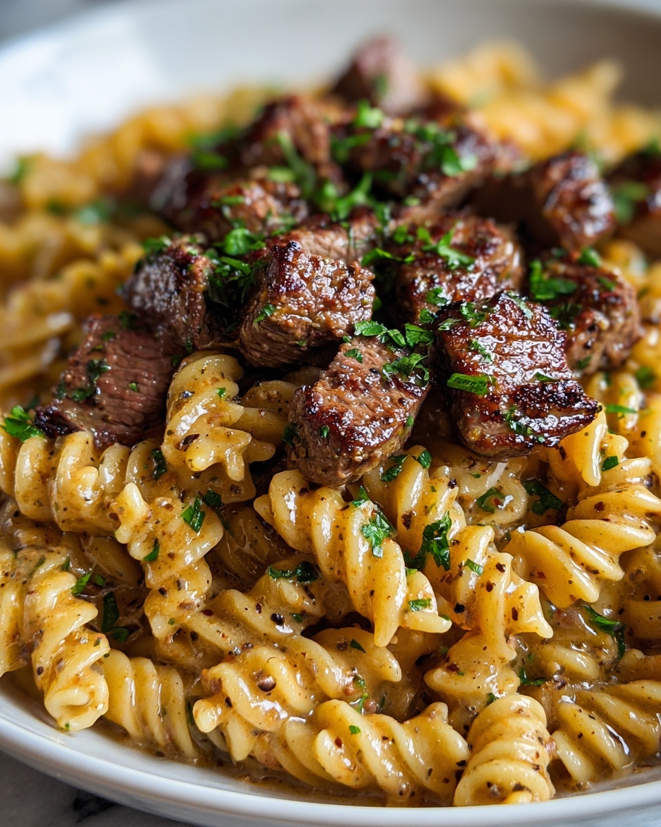 The image shows a close-up of a dish with two main layers in a white bowl. The bottom layer is made up of spiral-shaped pasta in a light golden-yellow color with a smooth, slightly shiny texture. The top layer consists of small, browned meat pieces scattered evenly over the pasta, looking tender with a slight glisten from the sauce. The entire dish is garnished with small bits of chopped green herbs evenly spread on top, adding a fresh look. The bowl is placed on a white marbled surface in soft light. photo taken with an iphone --ar 4:5 --v 7