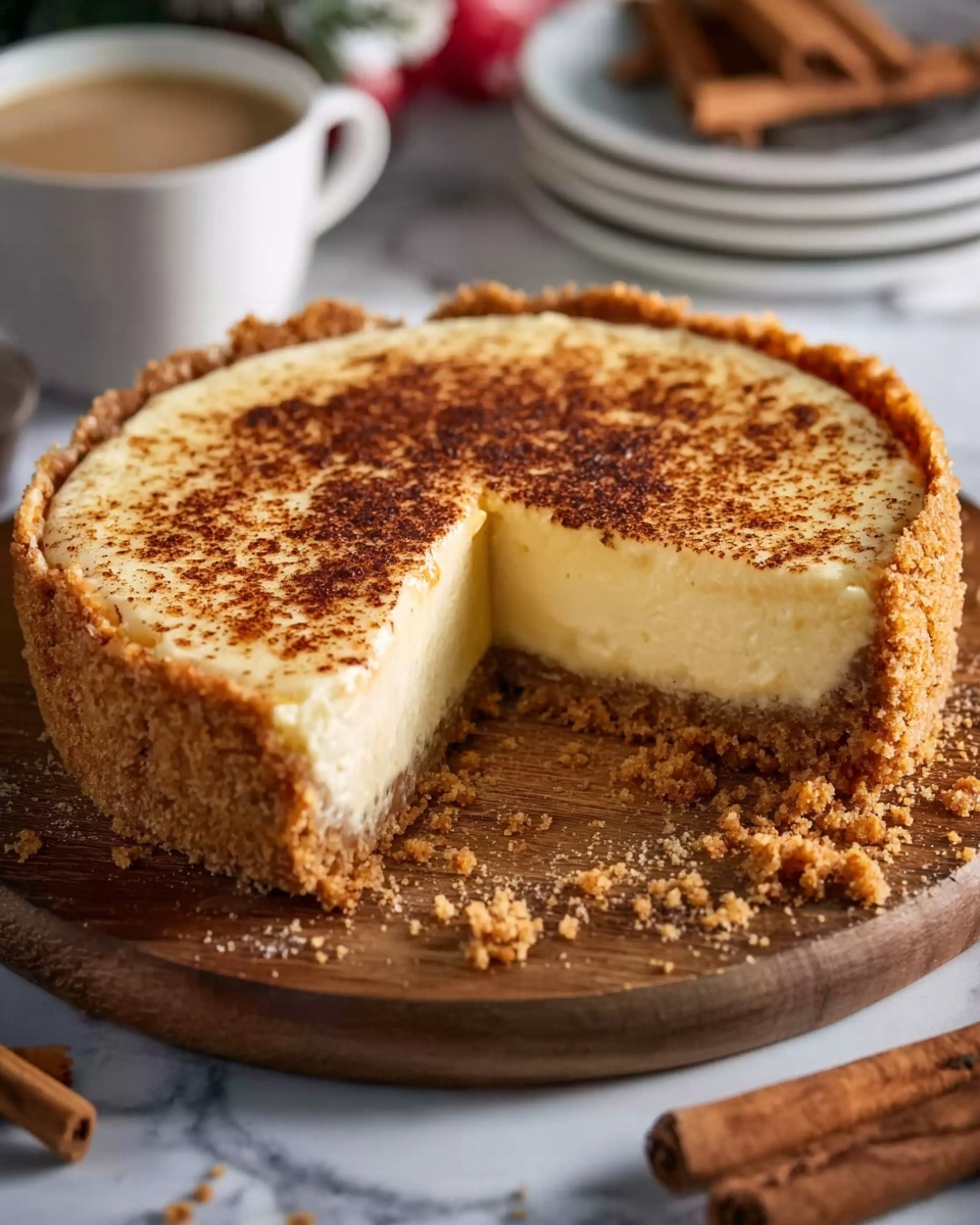 A slice of pie sits on a white plate with a textured rim, on a white marbled surface. The pie has three layers: a thick, light brown crust at the bottom with a slightly crumbly texture, a dense and creamy pale yellow filling in the middle, and a large swirl of white whipped cream on top, sprinkled with fine brown powder. A whole cinnamon stick rests beside the slice on the plate. In the blurred background, there is a white cup with a handle containing a dark beverage, a clear glass of milk or white liquid, and some decorative pinecones with red berries, all set against warm, glowing yellow lights. Photo taken with an iphone --ar 4:5 --v 7