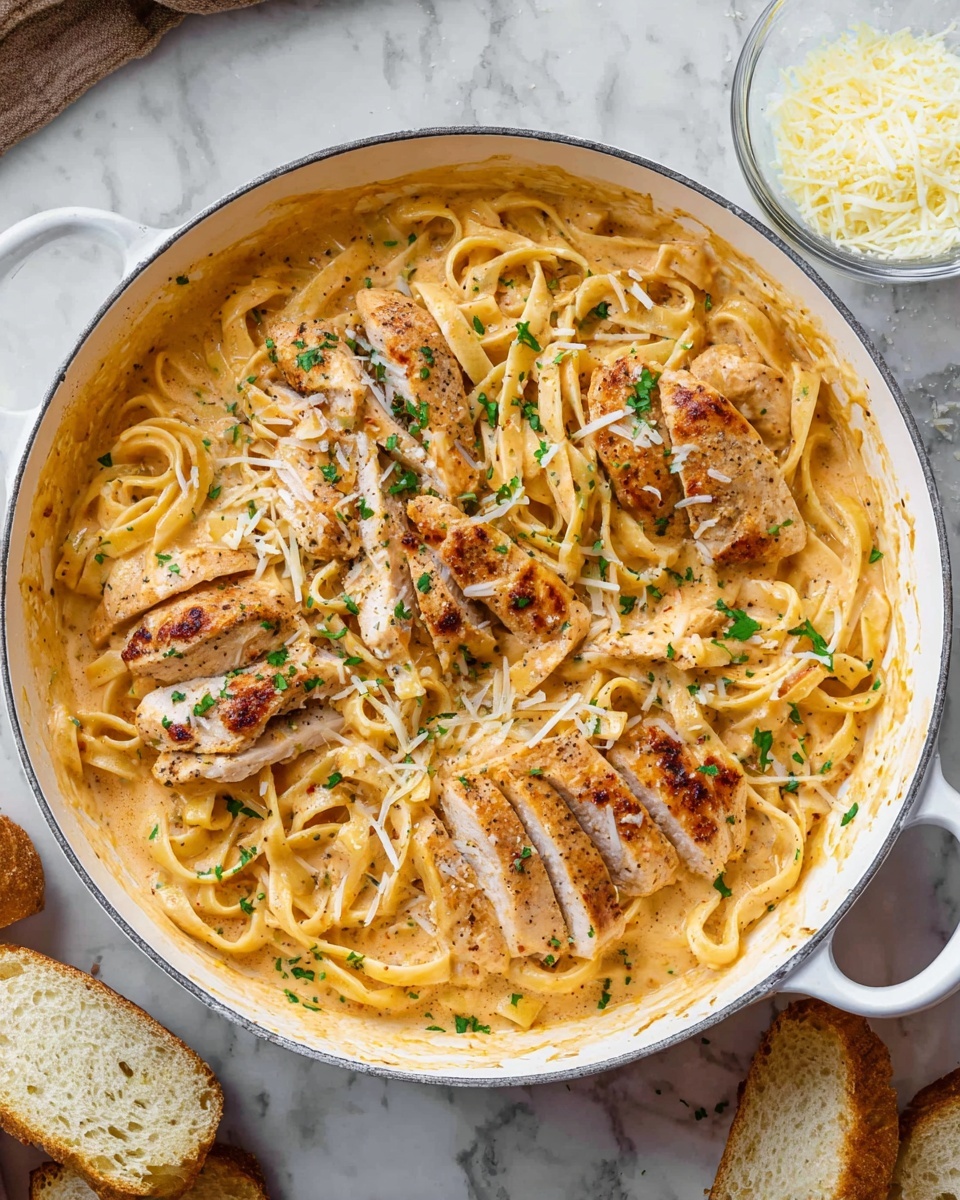 The image shows raw ingredients for a pasta dish arranged on a white marbled surface. On the top left, there is a white plate with three pale pink raw chicken pieces. Below it, another white plate holds a layer of uncooked yellow spaghetti noodles, spread out side by side. To the right of the chicken, a glass bowl contains chopped red tomatoes with a juicy texture. Next to it, a smaller glass bowl has a light grated cheese with a powdery texture. Below these, a larger glass bowl is filled with smooth, white cream. To the right of the cream, a small glass bowl holds a pale yellow cube of butter. In front of the butter bowl, a small glass bowl contains a reddish-brown spice powder. Below the spice, a tiny glass bowl has a bit of minced garlic. All items are neatly placed and clearly visible. Photo taken with an iphone --ar 4:5 --v 7