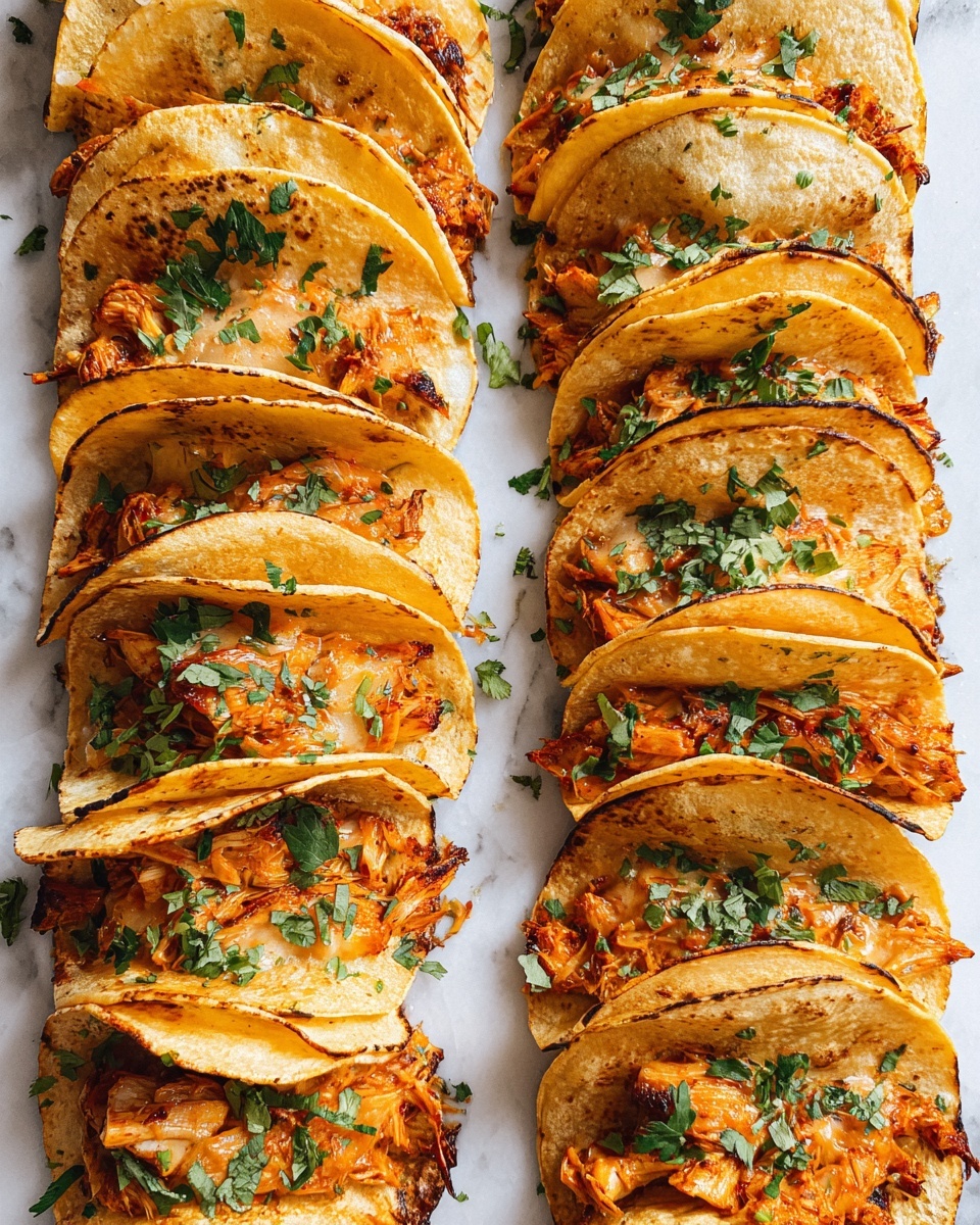 The image shows two rows of tacos arranged neatly on a white marbled surface. Each taco has two layers: the outer layer is a folded soft corn tortilla with a light golden color and a slightly toasted texture along the edges, and the inner layer is a filling of cooked orange-hued jackfruit with a shiny and slightly charred surface. Small pieces of fresh green cilantro are sprinkled lightly over the tacos and the surface, adding a touch of color contrast. The tacos have a warm, inviting look with varying shapes of the jackfruit filling peeking out from the tortillas. Photo taken with an iphone --ar 4:5 --v 7