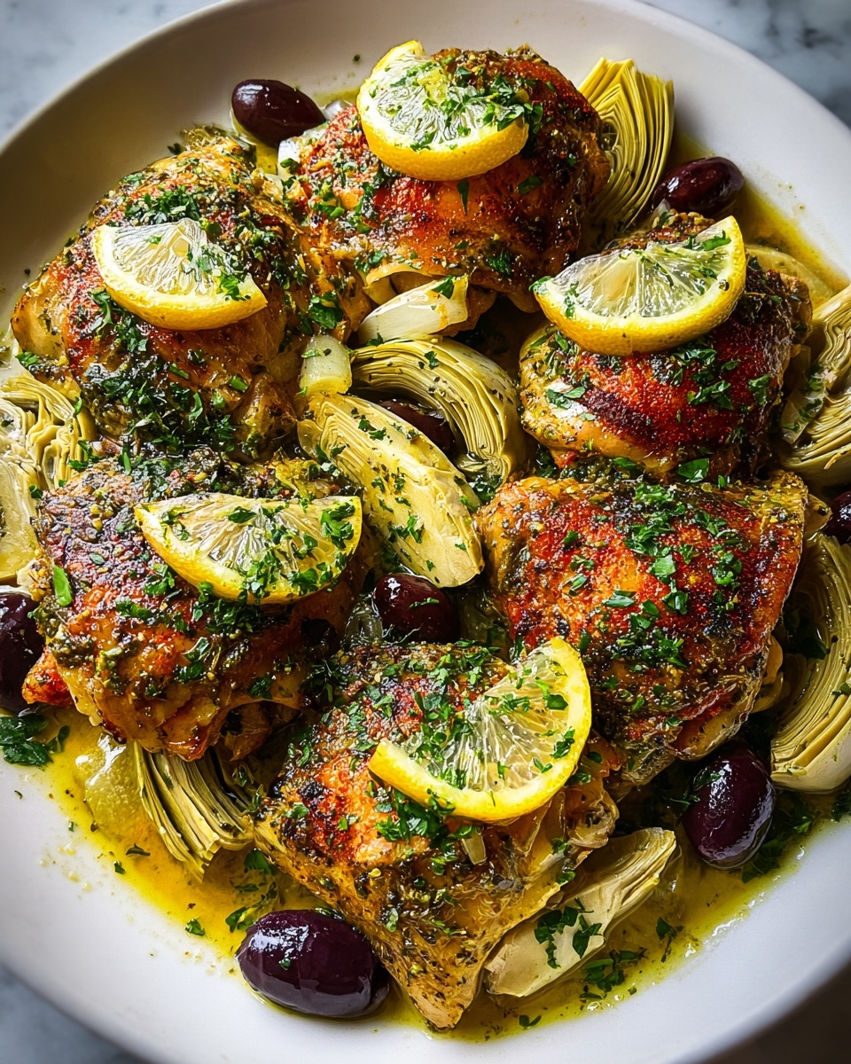 Mediterranean Lemon Chicken with Artichokes and Olives Recipe 5 A close-up of a dish with two golden-brown cooked chicken thighs placed on a white plate on a white marbled surface. The chicken thighs are sprinkled with green chopped herbs and black pepper, giving them a textured and flavorful look. On top of each chicken piece, there are thin slices of bright yellow lemon adding a fresh color contrast. Surrounding the chicken are light green, layered artichoke halves with a soft and tender texture, mixed with dark purple olives that add a shiny and smooth texture. The whole dish is garnished with more chopped herbs, creating a fresh and vibrant look. photo taken with an iphone --ar 4:5 --v 7