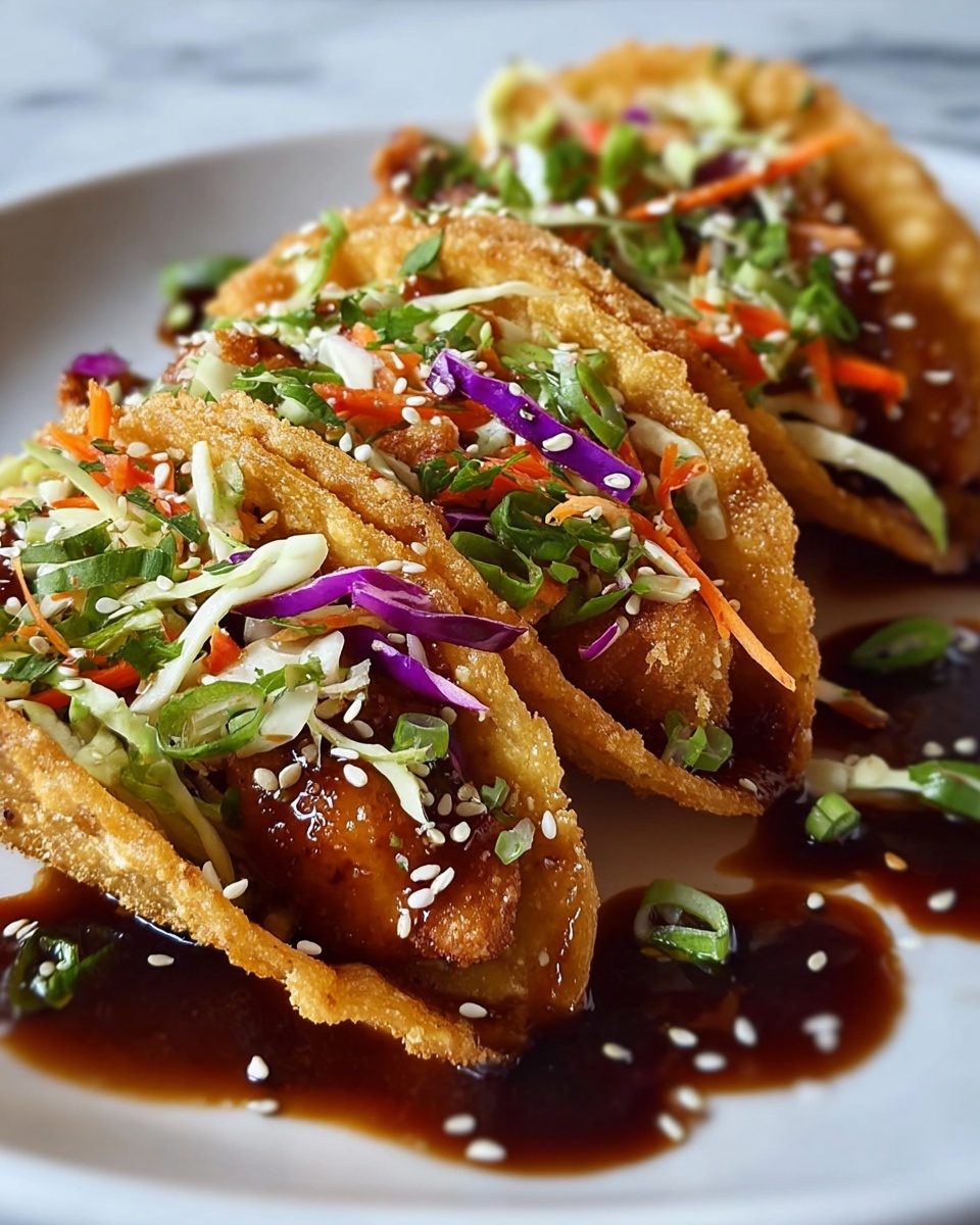 Three crispy, golden-brown fried taco shells stand upright on a white plate placed on a white marbled surface. Each shell is filled with several layers: a base of crispy fried chicken pieces, topped with shredded green and purple cabbage, thin orange carrot strips, and chopped fresh green herbs. The tacos are drizzled with a dark brown sauce that pools slightly on the plate, and sprinkled generously with white sesame seeds and small bright green onion pieces for garnish. The focus is close up, showing the crunchy texture of the shells and vibrant colors of the fresh toppings. photo taken with an iphone --ar 4:5 --v 7