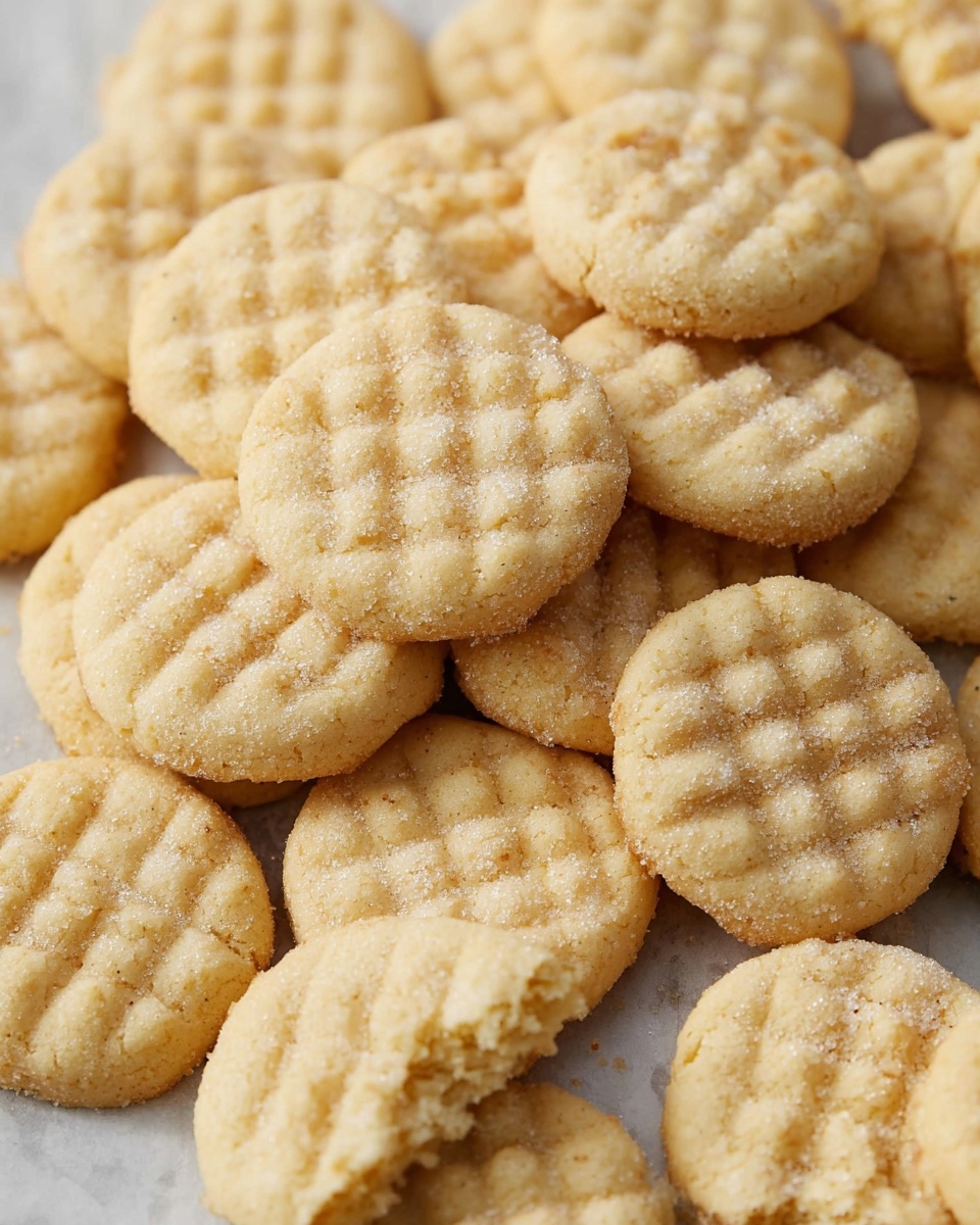 A white tray filled with small round cookies that have a light golden color and a crisscross pattern on top. The cookies have a sugar coating that makes them look slightly sparkly. A red spatula is lifting a small pile of the cookies. In the background, there is a transparent container also filled with the same cookies, all placed on a white marbled surface. The scene looks clean, with soft natural light highlighting the cookies' texture and color photo taken with an iphone --ar 4:5 --v 7