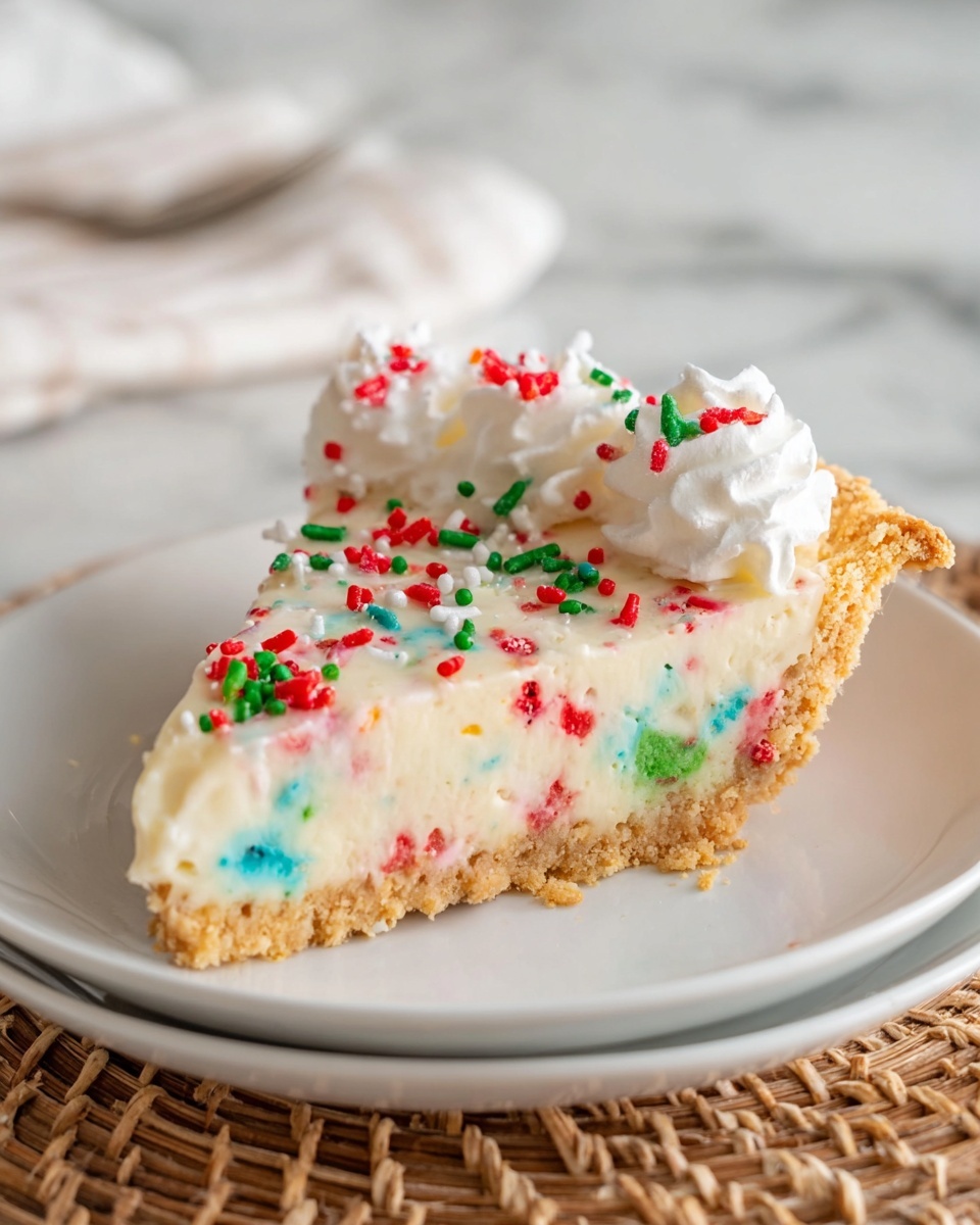 The image shows a close-up of a pie with a crumbly, golden-brown crust as the base layer, holding a creamy filling that has red, green, and small bits of darker colors spread evenly throughout. Around the edge of the pie, a thick layer of white whipped cream is piped in large swirls, each topped sparingly with red, green, and white sprinkles. The pie sits on a white plate placed on a white marbled surface. The lighting highlights the smooth texture of the filling and the fluffy look of the whipped cream photo taken with an iphone --ar 4:5 --v 7