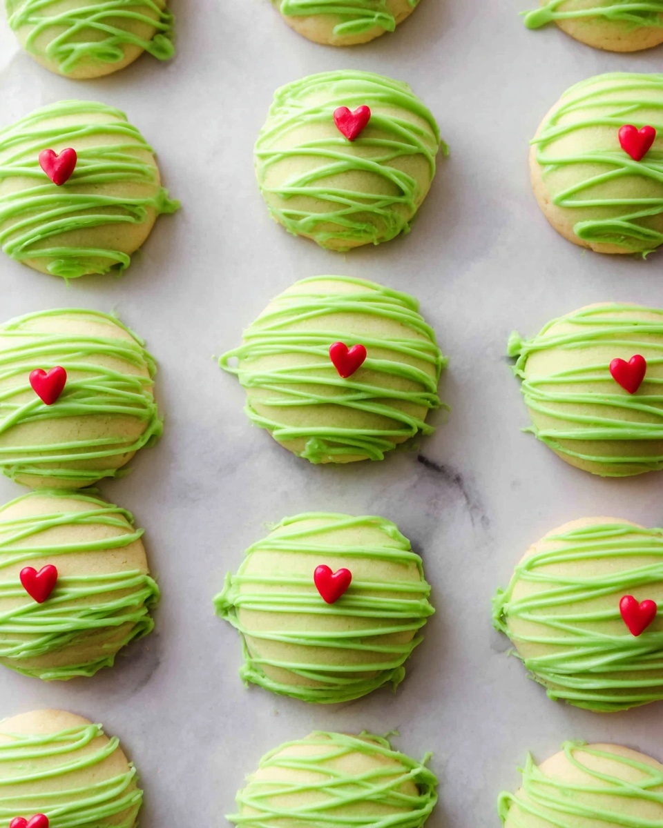 The image shows round cookies arranged in rows on a white marbled surface. There are two kinds of cookies: some are plain dough with colorful sprinkles in red and green, while others are covered in smooth light green icing. The green iced cookies have additional thin lines of the same green icing wrapped around them in a loose spiral, topped with a tiny red heart decoration on each. The texture of the iced cookies looks creamy and smooth, while the plain dough balls have a rougher, slightly grainy look with visible sprinkles. photo taken with an iphone --ar 4:5 --v 7