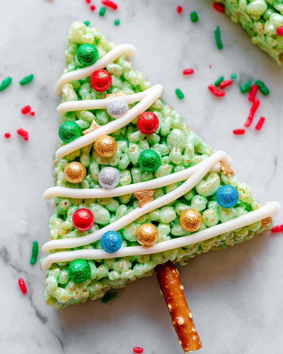 The image shows a triangular green rice crispy treat shaped like a Christmas tree. The treat has a crunchy texture from the puffed rice and is decorated with colorful small round and star-shaped candy sprinkles in red, gold, green, blue, and silver. White icing is drizzled in a zigzag pattern across the tree to look like garland. A small brown pretzel stick is inserted at the bottom to act as the tree trunk. The treat is placed on a white marbled surface with some red and green sprinkles scattered around. photo taken with an iphone --ar 4:5 --v 7